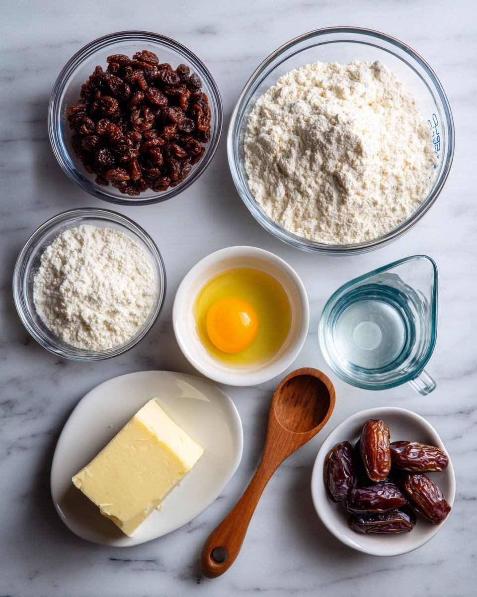 The image shows eight small bowls and a measuring cup arranged neatly on a white marbled texture. Each container holds a different ingredient: dark brown raisins in a clear glass bowl, white flour in a larger clear glass bowl, a bright yellow egg yolk and white inside a small white bowl, a small white bowl full of white baking flour, a similar white bowl holding white baking powder, a square pat of light yellow butter on a flat white plate, a clear glass measuring cup filled with water, and a wooden spoon holding shiny dark brown dates. Each ingredient is labeled with blue text and white font above or beside it. The photo is taken from above, showing a clean and bright setup. photo taken with an iphone --ar 4:5 --v 7