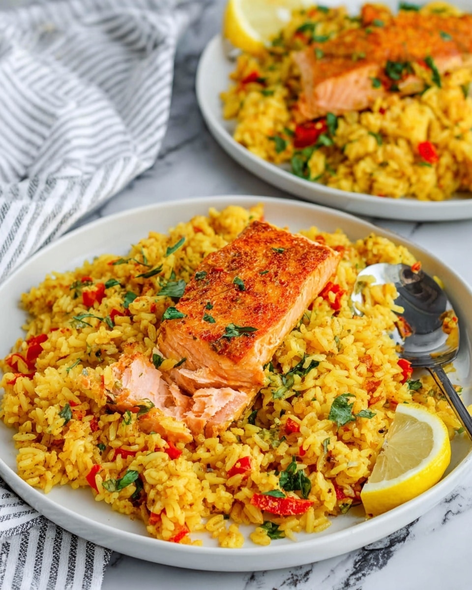 A white round plate filled with a layer of yellow seasoned rice mixed with small pieces of red peppers and green herbs. On top, there is a piece of cooked salmon that is orange with a slightly crispy surface. A lemon wedge sits near the edge of the plate. A spoon is placed inside the plate on the right side. In the background, another similar plate with the same food is partly visible, and a white and gray striped cloth is on the white marbled surface. Photo taken with an iphone --ar 4:5 --v 7