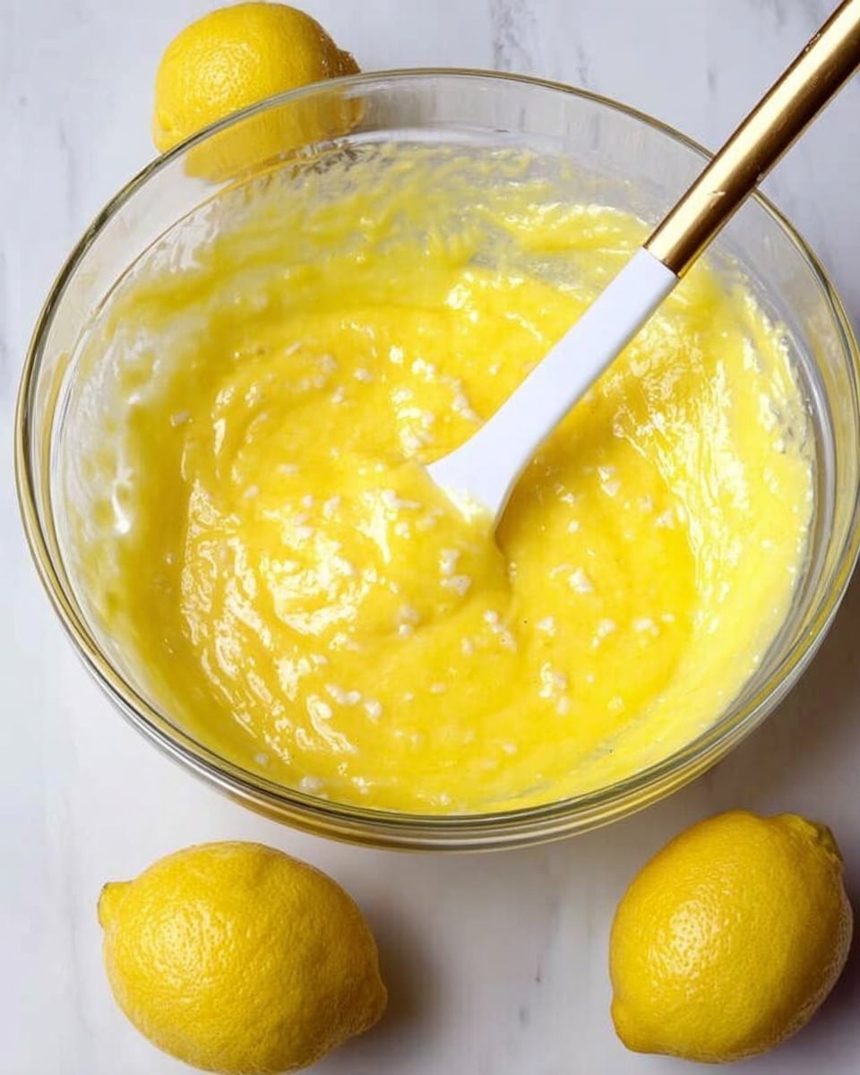 A clear glass bowl filled with a bright yellow, smooth and wet lemon mixture with small white chunks, a white spatula with a gold handle resting inside the bowl partially covered with the same mixture, three whole yellow lemons placed around the bowl on a white marbled surface photo taken with an iphone --ar 4:5 --v 7