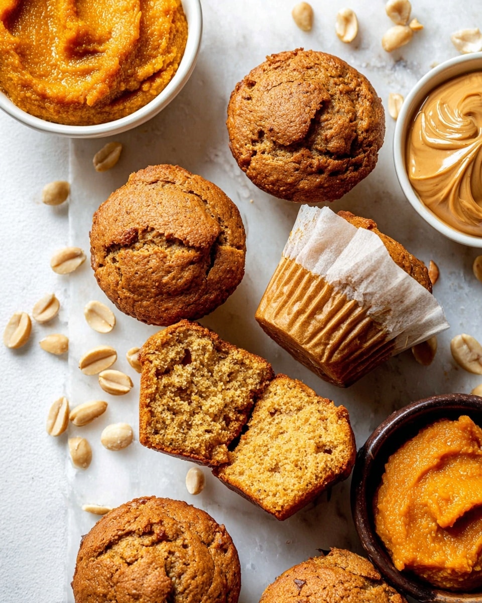 The image shows seven golden brown muffins with cracked tops arranged on a white marbled surface. In the middle, there is an open muffin wrapper holding two muffin halves showing a soft, airy texture inside in light brown color. Scattered around the muffins are some light tan peanuts. On the top right, there is a white bowl filled with smooth peanut butter with a small swirl on top. Next to the peanut butter, there is a dark bowl containing thick, bright orange pumpkin puree. The overall look is warm and inviting with natural light. Photo taken with an iphone --ar 4:5 --v 7