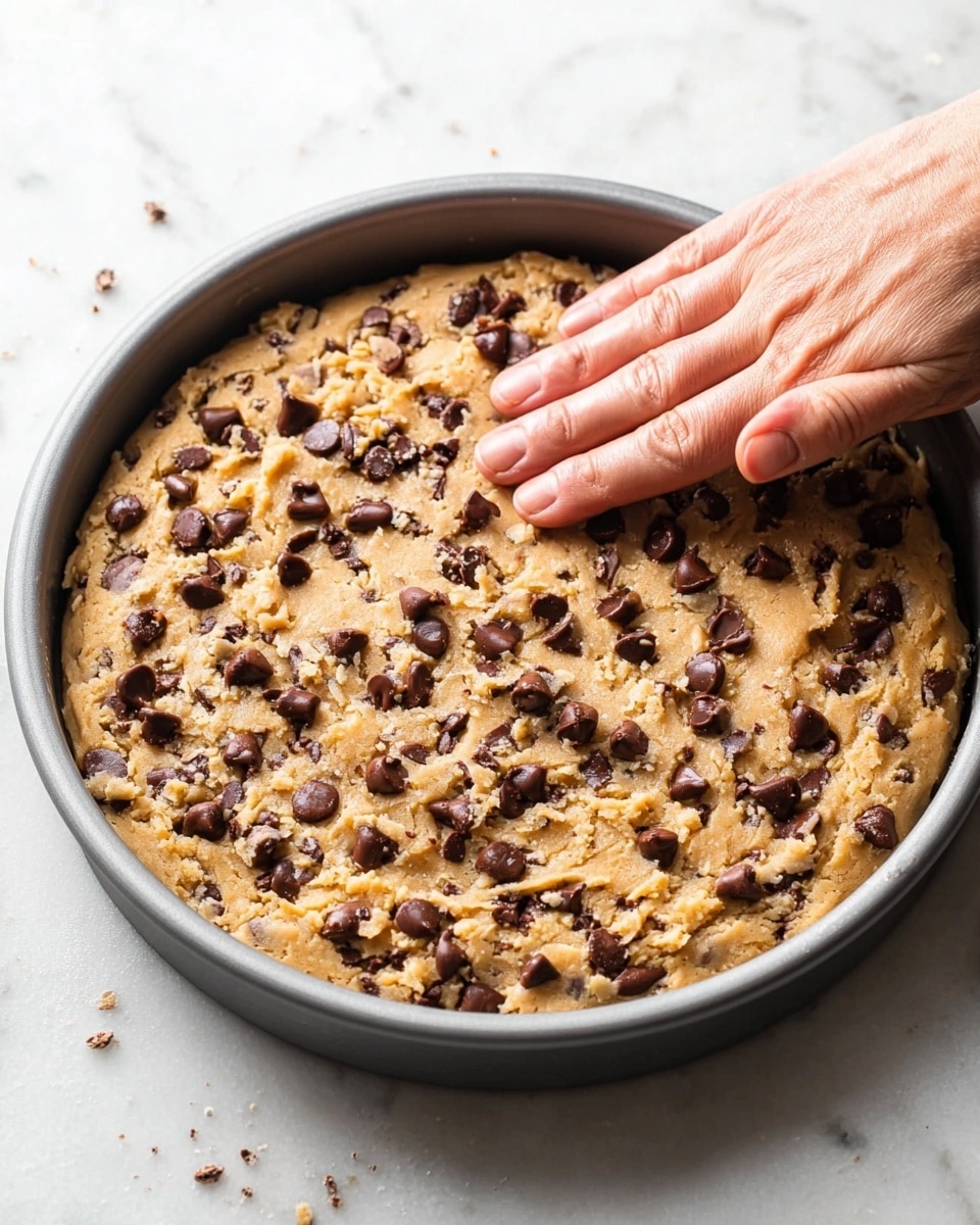 A round layer of light brown cookie dough mixed with many dark chocolate chips is spread evenly in a round gray baking pan. A woman's hand gently presses down on the dough from the right side, showing the texture of the soft dough and the slightly shiny chocolate chips scattered all over. The pan rests on a white marbled surface with soft, natural light highlighting the details of the dough and chocolate chips. Photo taken with an iphone --ar 4:5 --v 7