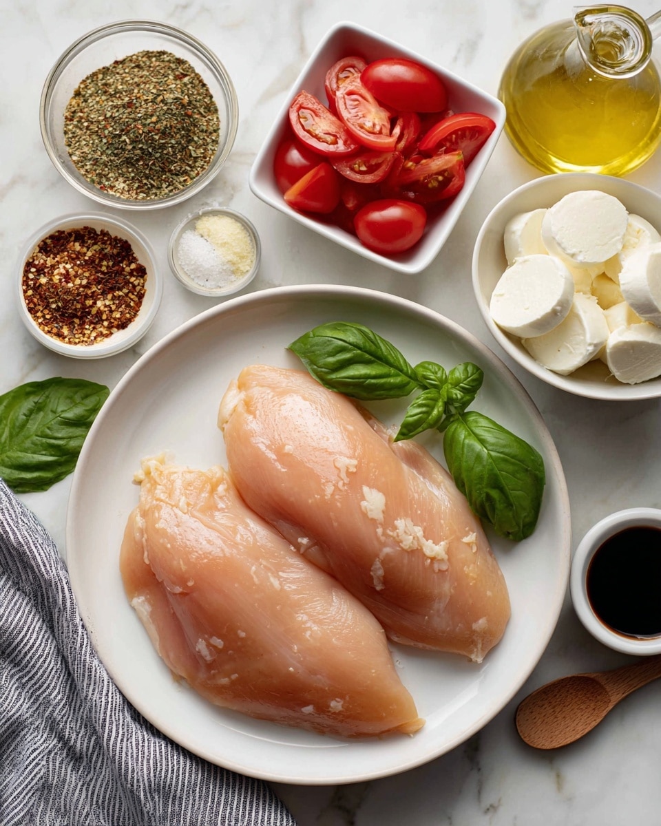 A white round plate sits in the middle holding two raw chicken breasts with a smooth, pale pink texture. Around the plate, there are small white bowls containing dry and wet ingredients: finely chopped Italian seasoning with a brown and green mix on the upper left, coarse salt and ground pepper in simple white bowls at the top, extra virgin olive oil with a golden yellow shine, dark balsamic vinegar in a glass bottle, fresh mozzarella slices in a white bowl showing soft white layers, minced garlic with a light yellow color, and creamy Dijon mustard with a pale yellow smooth texture. A small square white dish holds bright red tomato slices on the left side. Fresh bright green basil leaves appear in two small groups on the right and left edges. A small white bowl with glossy dark balsamic glaze and a tiny wooden spoon inside is near the bottom left. The whole scene is laid on a white marbled surface with a gray-striped cloth draped casually on the bottom left corner. photo taken with an iphone --ar 4:5 --v 7