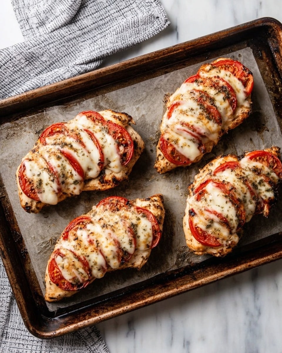 Four grilled chicken pieces with layers of red tomato slices and white melted cheese arranged on top are placed on an old, dark metal baking tray lined with a slightly wrinkled sheet. The chicken is golden brown with grill marks, and the cheese looks soft and creamy. The tray sits on a white marbled surface next to a folded gray and white checkered cloth. photo taken with an iphone --ar 4:5 --v 7