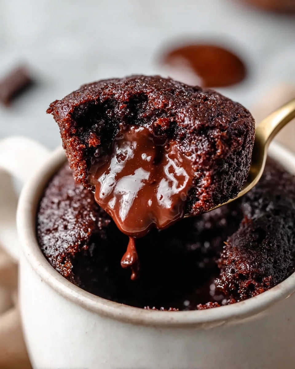 A white ceramic mug holds a dark brown chocolate cake with a moist, soft top layer that has a rough texture. The cake is partially scooped out, revealing a thick, shiny, melted chocolate layer inside that spills slightly over the edge of the mug. The shiny chocolate is smooth and rich, contrasting with the drier crumbly cake on top. The mug sits on a light beige cloth, all placed on a white marbled surface. Photo taken with an iphone --ar 4:5 --v 7