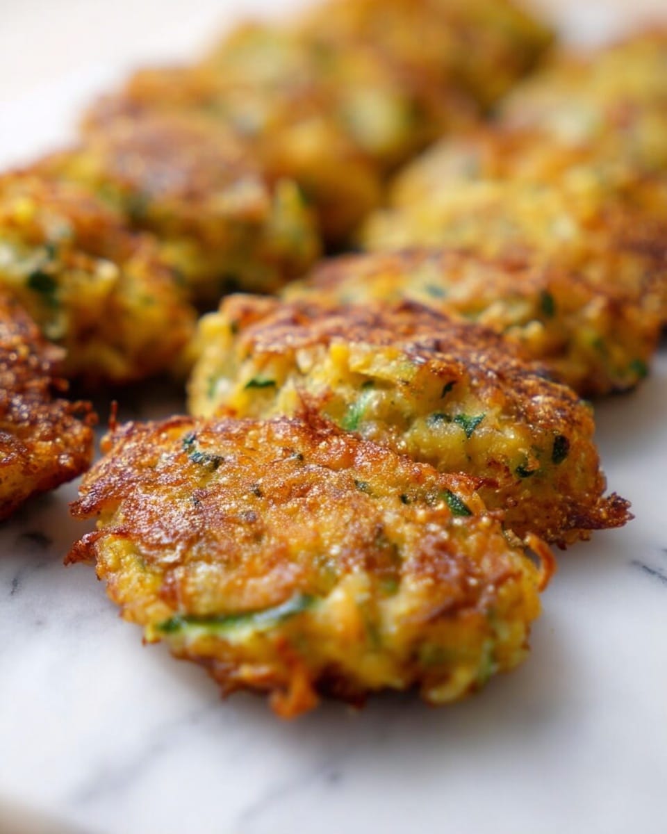 A close-up view of multiple crispy, golden-brown fritters arranged in a line on a white marbled surface. Each fritter has a rough, crunchy texture on top with small green flecks of herbs or vegetables visible throughout. The fritters have an irregular, slightly rounded shape and a browned edge around the base. The soft interior shows a mix of yellow and green colors, contrasting with the crispy outer layer. The background is softly blurred, focusing on the fritters in the front. photo taken with an iphone --ar 4:5 --v 7