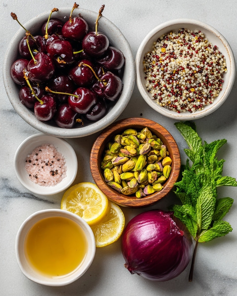 The image shows a flat white marbled surface with seven ingredients arranged neatly. At the top left, there is a white bowl filled with dark red cherries with stems. To its right, another white bowl holds mixed white, red, and black quinoa grains. Below the cherries, a small round wooden bowl contains green and golden pistachios. Towards the bottom right, a halved purple-red onion rests with a smooth shiny texture. Below the pistachios, two lemon halves reveal a bright yellow juicy interior. Next to the lemon, a small white bowl holds a mix of pink salt and black pepper. To its right, a small wooden bowl contains amber-colored apple cider vinegar. Lastly, fresh green mint leaves with detailed veins lie at the bottom right, adding a bright splash of color. photo taken with an iphone --ar 4:5 --v 7