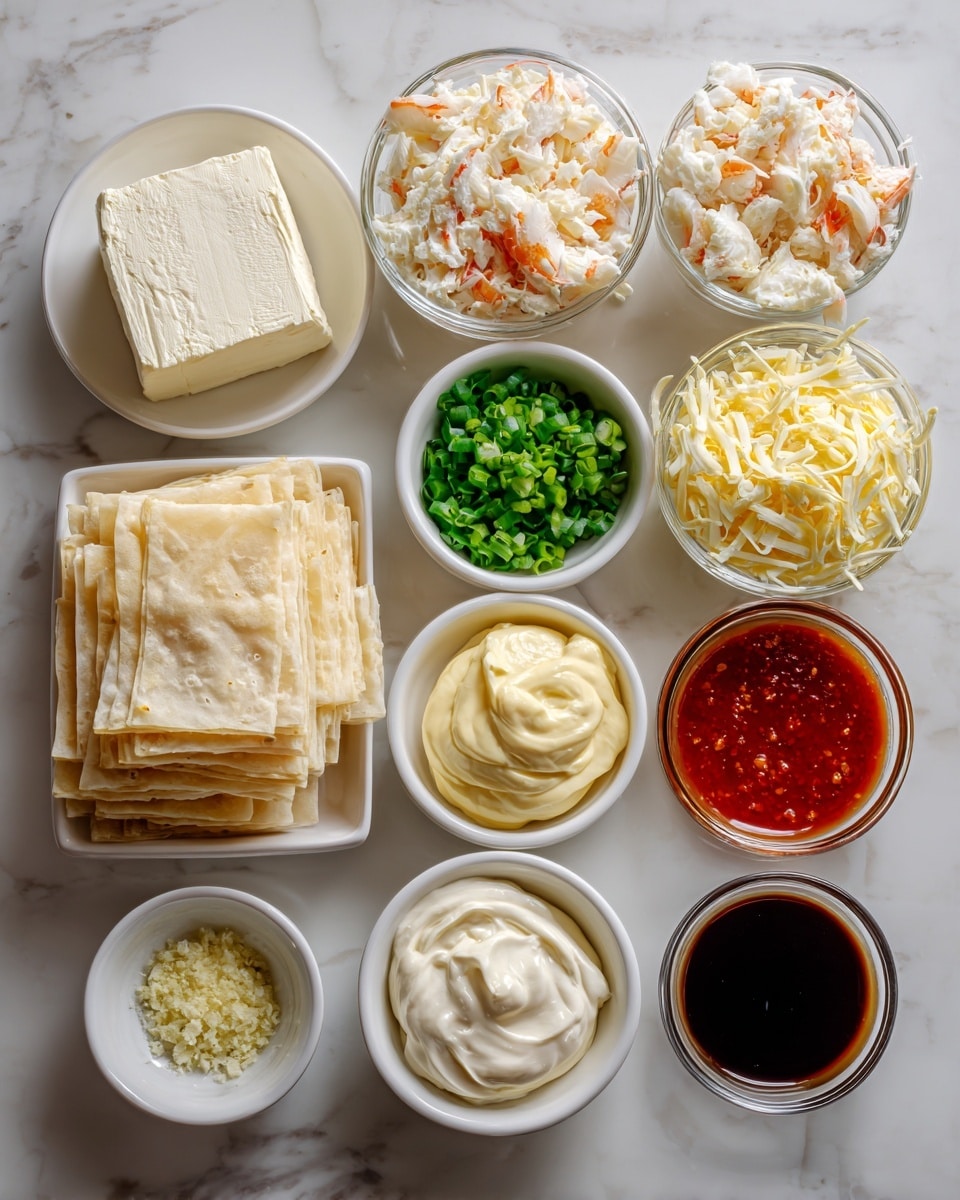The image shows 12 small white bowls and plates arranged neatly on a white marbled surface, each holding different ingredients. In the top row, from left to right, there is a white plate with a large block of cream cheese, a white bowl with crab meat pieces that look white with orange bits, and a clear glass bowl piled with shredded yellow mozzarella cheese. In the middle row are a stack of square wonton wraps that are light beige, a white bowl with chopped green onion pieces, a white bowl with a pale yellow creamy mayonnaise, and another white bowl filled with smooth white sour cream. The bottom row has a small white bowl of minced garlic that is light yellow, a bowl with white sugar granules, a bowl with dark soy sauce, and a bowl with shiny red sweet chili sauce. All containers are placed evenly spaced in a grid pattern, and the photo is taken with an iphone --ar 4:5 --v 7