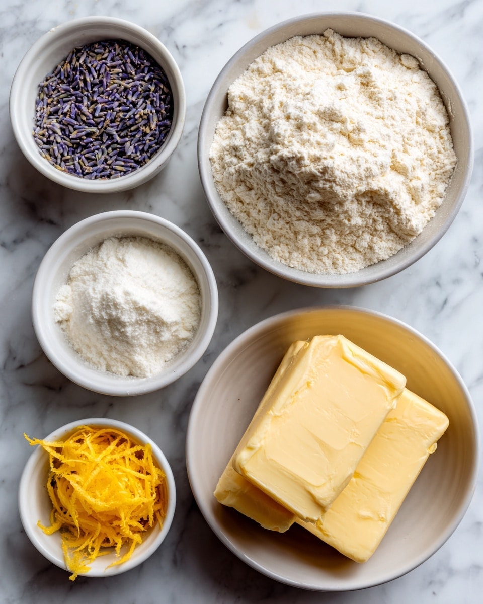 The image shows five white bowls on a white marbled surface, each with a different ingredient. The top right bowl holds a large pile of off-white flour with a fine, powdery texture. Below it, a medium bowl contains two rectangular blocks of pale yellow unsalted butter with a smooth and creamy look. To the left, a bowl filled with white sugar has small purple lavender buds scattered on top. Below that, a tiny bowl holds bright yellow lemon zest with a stringy, textured appearance. The overall layout is neat and organized, with each ingredient clearly visible and labeled. photo taken with an iphone --ar 4:5 --v 7