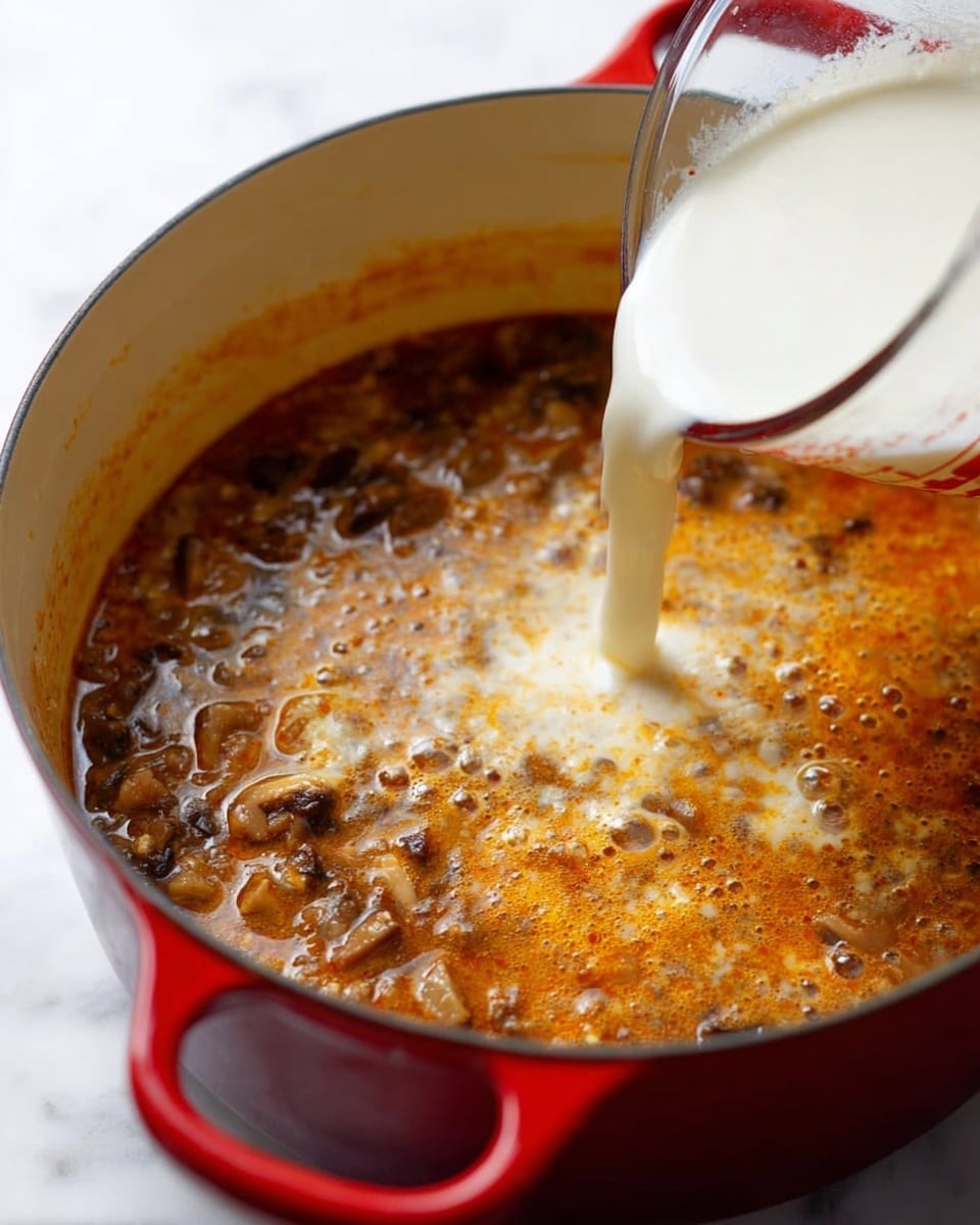 A large red pot with a white inside holds a bubbling orange-brown mixture with small pieces of cooked onions and mushrooms visible in the liquid. A clear measuring cup is tipped from the top right, pouring a thick, creamy white liquid into the pot, which is starting to mix with the bubbling contents below. The pot rests on a white marbled surface, and the scene is well-lit showing the texture and bubbles in the pot's mixture. Photo taken with an iphone --ar 4:5 --v 7