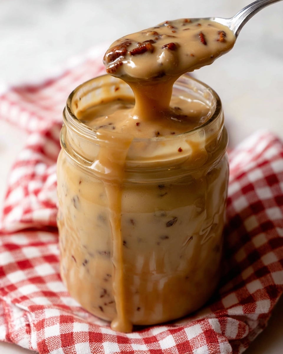 A close-up view of a thick, creamy mushroom sauce inside a red pot with white inner coating. The sauce is light tan with small chunks of mushroom scattered throughout, showing a smooth texture with visible bits of dark and light mushrooms. A silver spoon lifts some sauce, holding a small mound of the creamy mixture with the same mushroom pieces. The background is a white marbled texture. Photo taken with an iphone --ar 4:5 --v 7