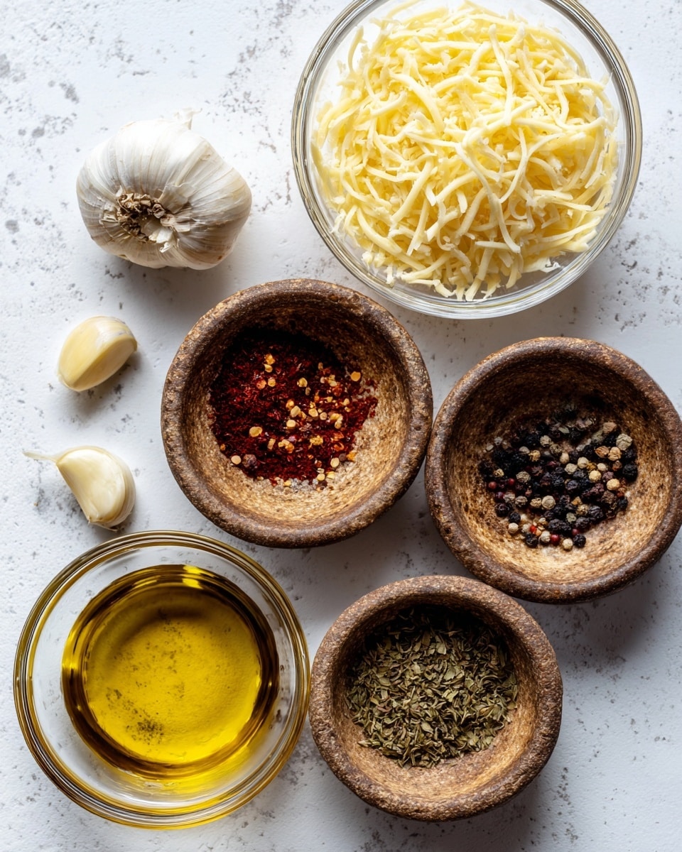 The image shows seven ingredients arranged on a white marbled surface. Starting from the top right, there is a small clear glass bowl filled with light yellow grated parmesan cheese. Below it to the right, an empty clear glass bowl holds white wine vinegar. On the left side at the bottom, a clear glass bowl is filled with dark gold olive oil. Above it closer to the center, there is a small rustic brown bowl divided into four sections containing red pepper flakes (dark red), kosher salt (white), and black pepper (black). Above that to the right is a small rustic brown bowl filled with dark green Italian seasoning herbs. Near the top left, there are two peeled cloves of garlic sitting directly on the surface. The layout is neat with each ingredient labeled clearly. photo taken with an iphone --ar 4:5 --v 7