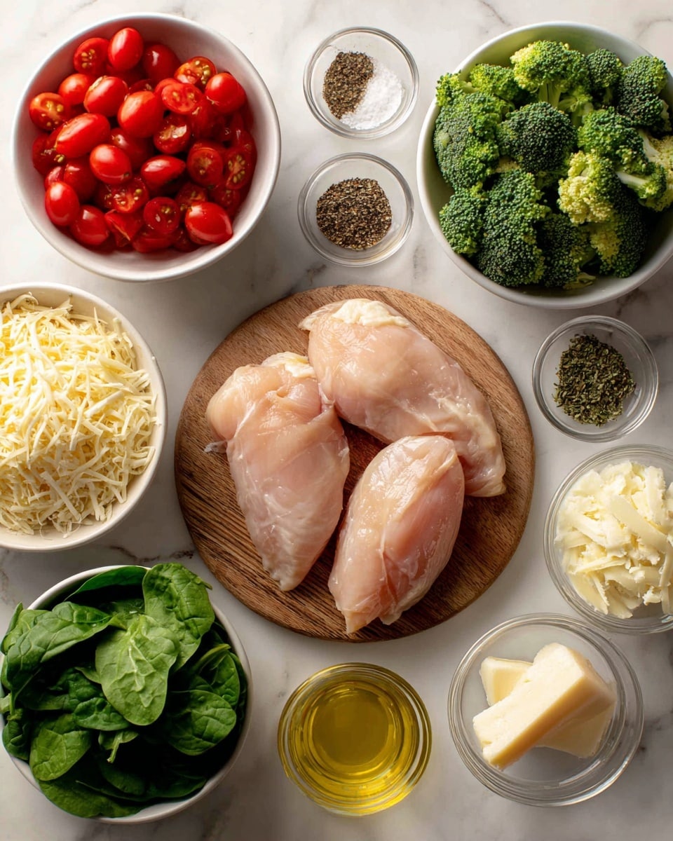 The image shows a top view of a white marbled surface with various raw ingredients neatly arranged. In the center, there is a small wooden board holding three pieces of raw pale pink chicken. Around it, there are several white bowls: one with bright red halved cherry tomatoes at bottom left, one with shredded light yellow cheese at top left, one with fresh green broccoli florets at top right, one with chopped garlic at the middle right, one with fresh dark green spinach leaves at bottom right, and one with creamy white cheese at bottom right corner. Additionally, there are two small clear bowls with ground black pepper and salt near the top center and middle left, a white bowl with dried herbs at bottom right, and a small fluted glass bowl with golden olive oil at the bottom center. photo taken with an iphone --ar 4:5 --v 7