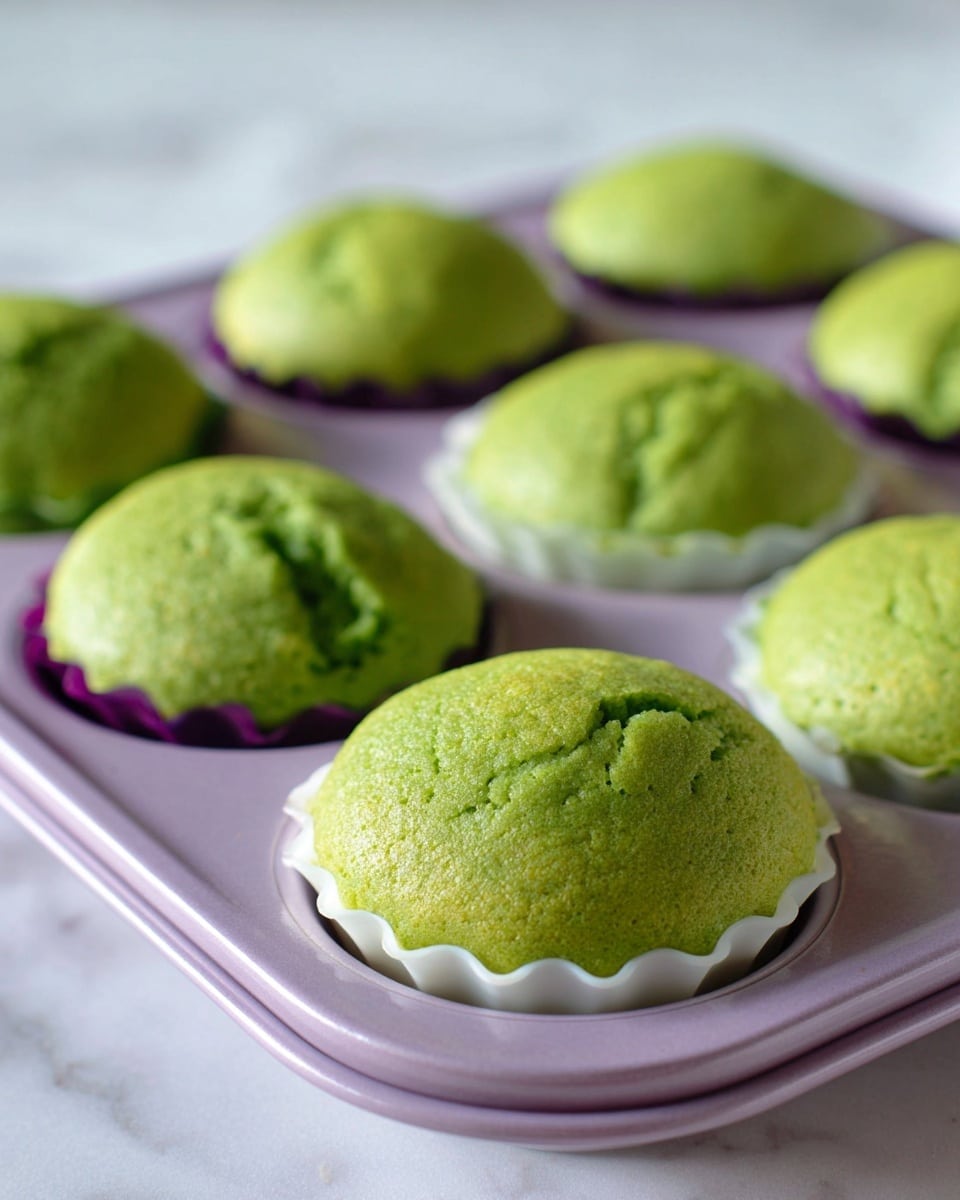 The image shows a tray of eight green muffins, each puffed up and soft in texture, sitting in round silicone baking cups with small flower-shaped handles. The cups are mostly white, except a couple that appear purple. The muffins have a smooth top with slight cracks and a bright green color that looks fresh and moist. The tray rests on a white marbled surface that adds a clean and bright background. The focus is on the front muffin, with the rest slightly blurred in the background. photo taken with an iphone --ar 4:5 --v 7