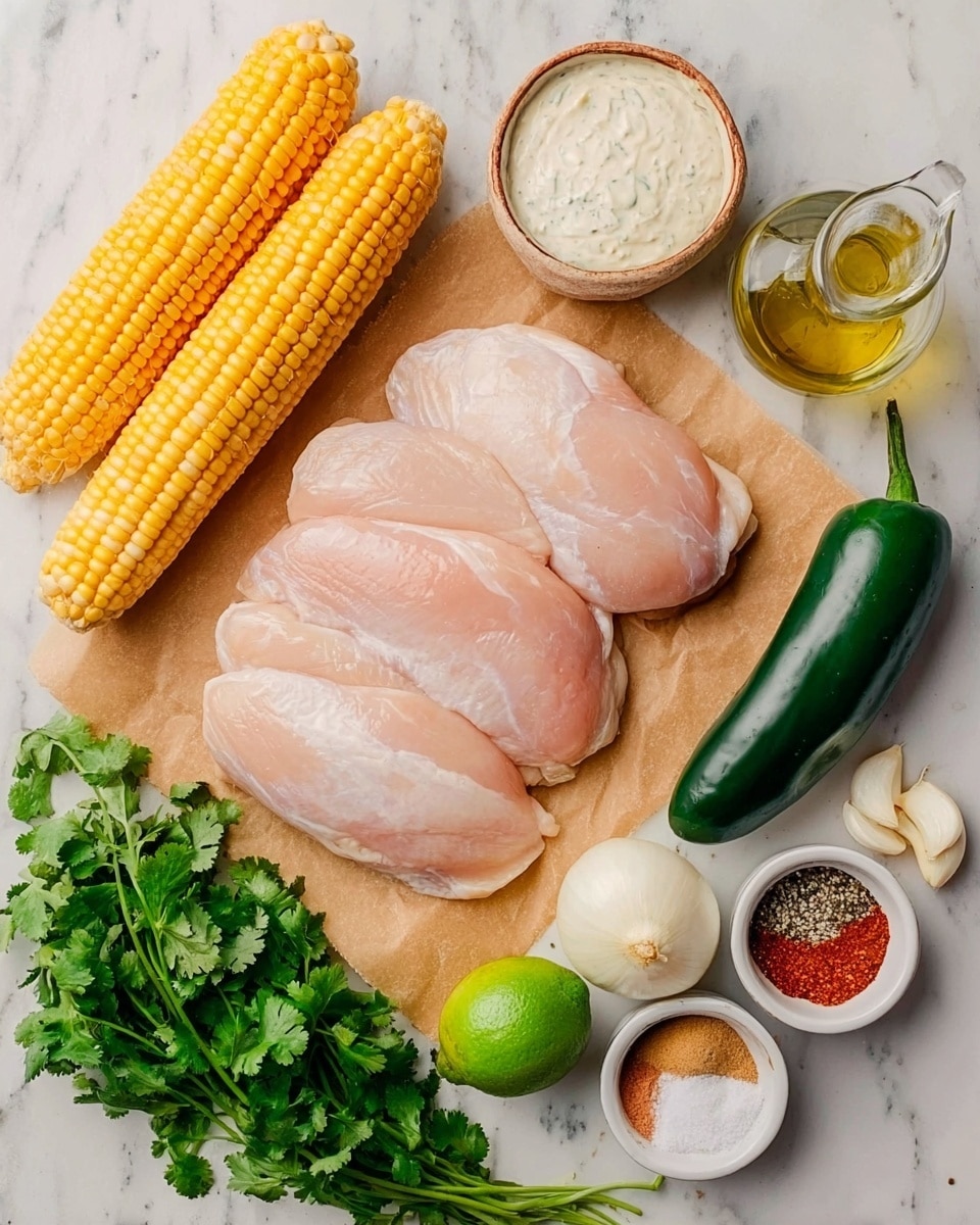 The image shows four pieces of raw chicken laid flat on a piece of brown parchment paper on a white marbled surface. Surrounding the chicken are three ears of yellow corn with white kernels lying side by side. Next to these are a fresh bright green lime and three peeled garlic cloves scattered nearby. A bunch of fresh cilantro with rich green leaves is placed close to a shiny dark green poblano pepper and a single round orange onion. Three small white bowls contain different ingredients: one filled with coarse white salt, another with a creamy white sauce, and the third with a mix of spices including red, black, and light brown powders. A small clear glass jug of oil is also present. A woman's hand is touching one ear of corn. photo taken with an iphone --ar 4:5 --v 7