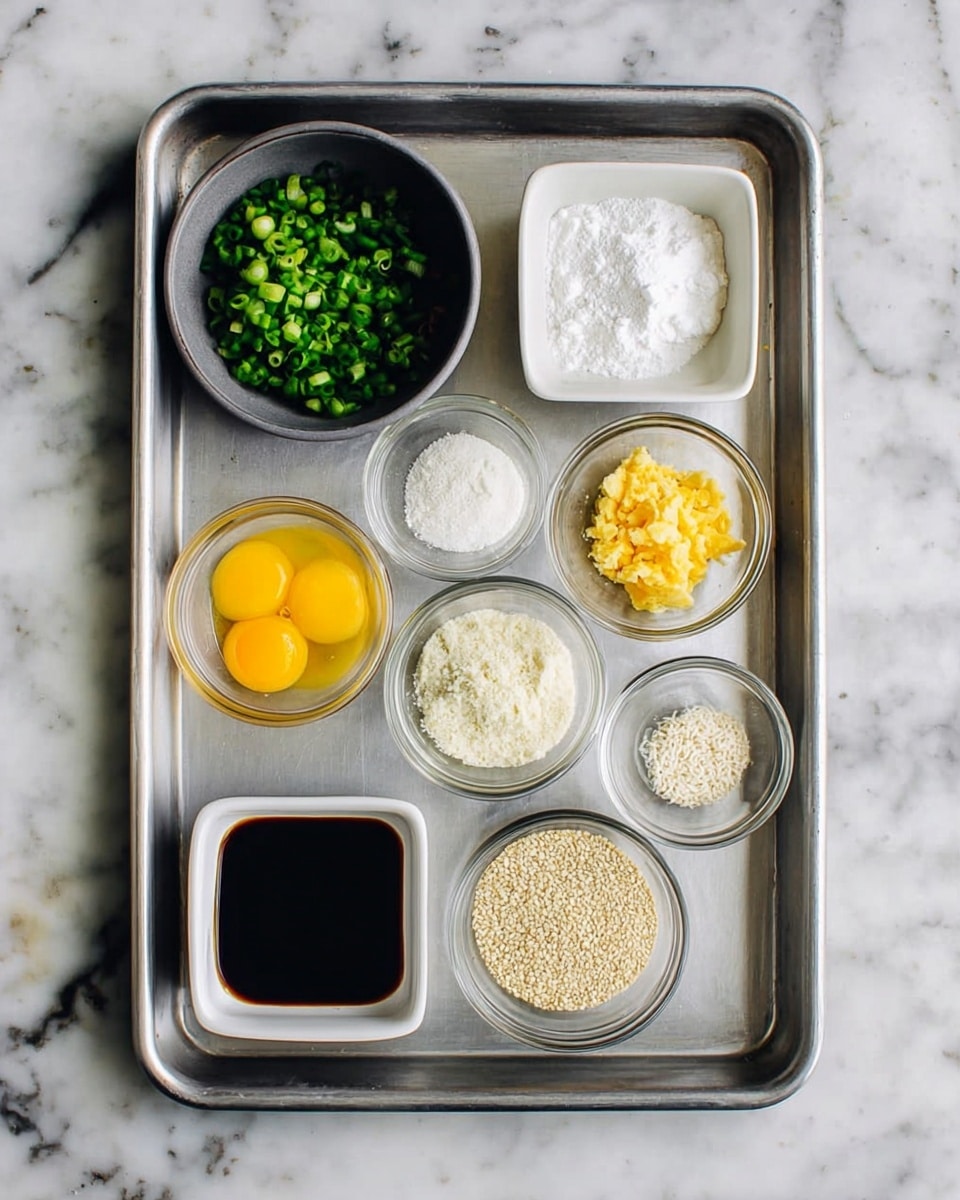 A metal baking tray on a white marbled surface holds nine small bowls arranged in a grid with three rows and three columns. On the top row, from left to right, is a round gray bowl filled with chopped green onions, a square white bowl with a white powder, and a small round clear bowl with small yellow pieces. The middle row has a round clear bowl with white granules, a round gray bowl with white powder, and a round white bowl filled with beaten yellow eggs. On the bottom row are a square white bowl with dark soy sauce, a small round clear bowl with beige sesame seeds, and a round gray bowl with coarse white salt. The setup is clean and organized, photo taken with an iphone --ar 4:5 --v 7