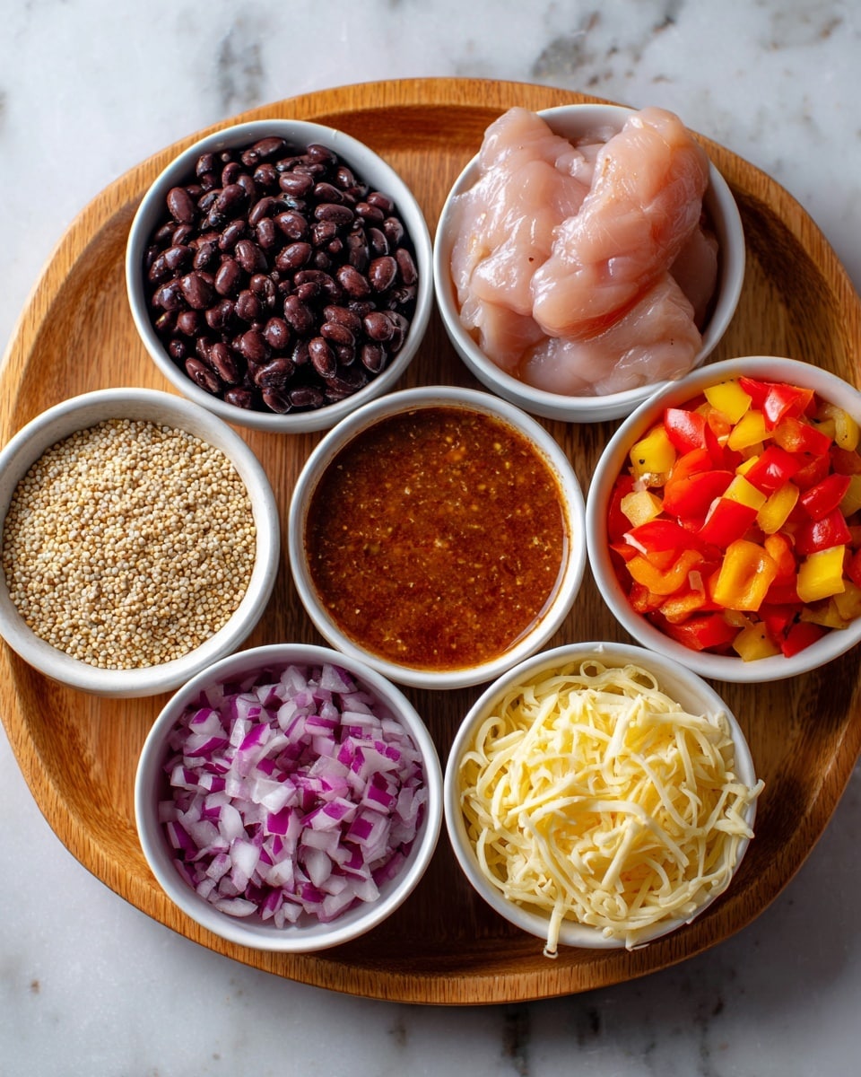 The image shows a wooden tray holding seven small white bowls arranged in a circular pattern on a white marbled surface. In the center is a bowl filled with light beige quinoa grains. Starting from the top left and moving clockwise: one bowl contains dark black beans with a shiny texture, next is a bowl of rich reddish-brown enchilada sauce with a smooth surface, then there are two pale pink raw chicken pieces overlapping in a large bowl, followed by a bowl with chopped red, orange, and yellow bell peppers mixed with diced purple onions, next is a bowl of shredded white and yellow cheese, and lastly a bowl filled with pale yellow broth. The photo has bright natural light highlighting the colors and textures of the ingredients. photo taken with an iphone --ar 4:5 --v 7