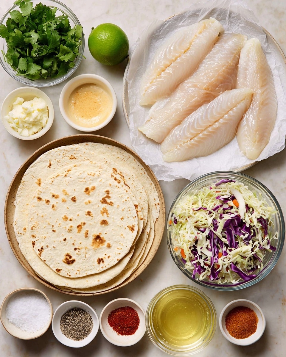 The image shows a top-down view of ingredients for fish tacos arranged neatly on a white marbled surface. At the center right, there is a round plate with five raw pale fish fillets laid on white parchment paper, arranged slightly overlapping. Below, a light brown plate holds a stack of soft white corn tortillas with light brown spots. To the right of the tortillas, a clear glass bowl contains shredded cabbage mix with white, purple, and orange pieces. Around these main items, there are several small white bowls and dishes: bright green fresh cilantro leaves in one, a lime cut in half next to a bowl of light orange creamy sauce, a dish with minced garlic and salt, and a small bowl with olive oil. Another small bowl contains black pepper and salt, while a flat dish holds a variety of colorful spices including red, orange, brown, and yellow powders. The setup is organized and visually clear, giving a fresh and clean feel. Photo taken with an iphone --ar 4:5 --v 7