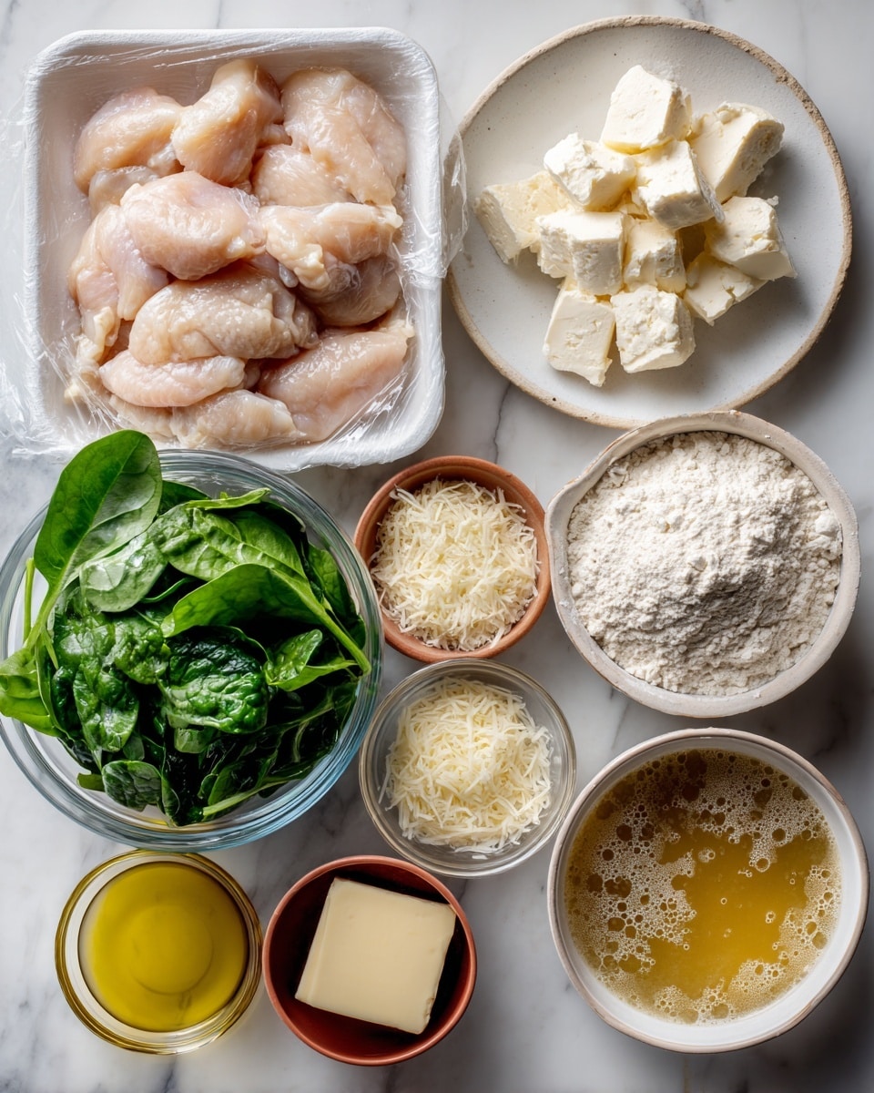 A white marbled surface holds various cooking ingredients, each in separate containers. At the top left, there is a white foam tray with raw chicken pieces inside a plastic wrap. To the right of that, a white plate holds chunks of cream cheese arranged loosely. Below, a small white bowl is filled with white flour in a rough mound. Near it, a clear measuring cup contains golden chicken broth with bubbles on top. On the left side, a clear measuring cup is filled with fresh green spinach leaves that fill the cup above the rim. Below the spinach is a small white bowl with yellow olive oil inside, smooth and shiny. A small maroon bowl holds a square piece of butter. Above it, another clear measuring cup contains grated pale parmesan cheese with a fine texture. Next to the butter bowl, a small open can shows pale yellow quartered artichoke hearts. Near the center top, a small orange bowl contains minced light yellow garlic. The setting is bright, clean, and simple. photo taken with an iphone --ar 4:5 --v 7
