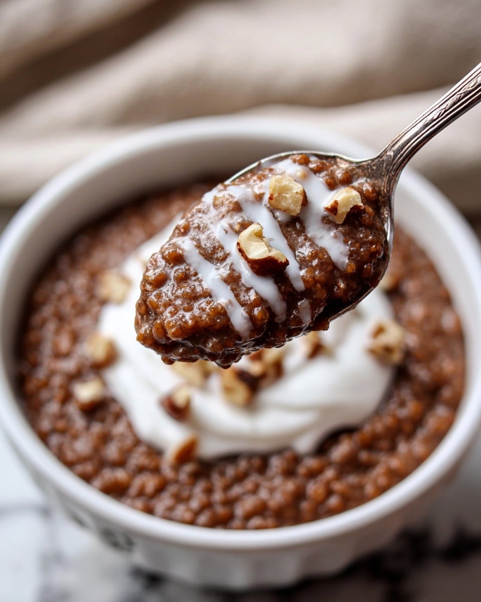 A close-up view of a silver spoon filled with a thick brown pudding mixed with small round grains, topped with white cream drizzles and small pieces of light brown nuts. The spoon is held above a white bowl filled with the same brown pudding and a swirl of white cream on top. The background surface is a white marbled texture with a glimpse of a beige cloth. photo taken with an iphone --ar 4:5 --v 7