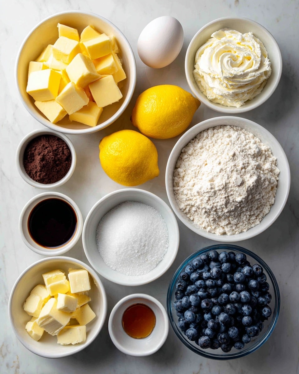 The image shows twelve white bowls and one clear glass bowl arranged neatly on a white marbled surface. Starting from the top left, there's a white bowl filled with several small yellow butter cubes, next to it is a white bowl with smooth white cream cheese, and to the right is a white bowl full of fine white sugar. Below that row, a white bowl holds three bright yellow lemons with peel and zest, beside it a single white egg is placed on the surface, and next to that there are two small white bowls, one with dark brown vanilla and lemon extract and the other empty. The next row has two small white bowls, one with white baking soda and the other with salt, under them are two white bowls, one full of creamy white chocolate chips and the other filled with fresh dark blue blueberries. On the far right, a clear round glass bowl contains a mound of light white flour. The lighting is natural and even, and all elements are clearly visible and spaced. Photo taken with an iphone --ar 4:5 --v 7