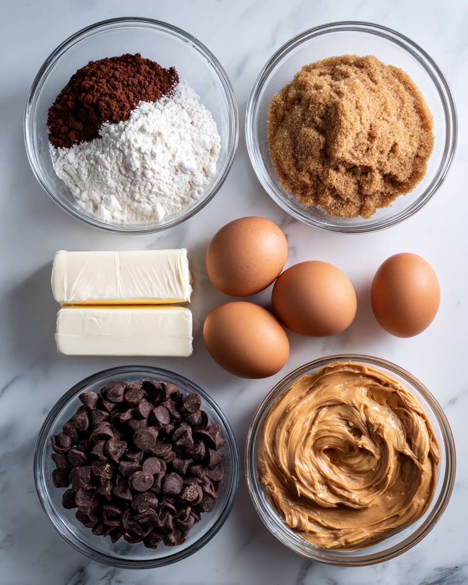 The image shows six ingredients placed neatly on a white marbled surface. On the top left, there is a clear glass bowl with three layers: white flour on the top right, dark brown cocoa powder on the bottom left, and a small amount of salt mixed with the flour. To the right of this bowl is another glass bowl filled entirely with light brown, coarse brown sugar. Below these, on the left side, there are two white wrapped sticks of unsalted butter placed side by side. To their right, three brown eggs sit in a row. Below the butter is a glass bowl full of dark brown chocolate chips. Finally, at the bottom right, a glass bowl contains creamy, light brown peanut butter with smooth swirls on its surface. The setup is clean and evenly lit, photo taken with an iphone --ar 4:5 --v 7