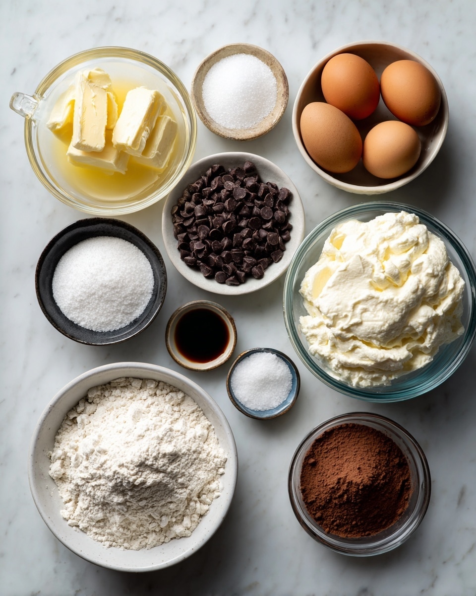 A top view of ingredients on a white marbled surface arranged neatly: a clear glass measuring cup filled with melted unsalted butter on the left, a white bowl with all-purpose flour at the bottom left, a small black bowl with salt near the center bottom, a medium white bowl filled with granulated sugar just above the salt, a glass bowl with chocolate chips near the center, a small brown bowl with dark vanilla extract next to the butter, a clear glass bowl holding three brown eggs towards the top right, and a larger clear glass bowl with smooth whole milk ricotta cheese on the top right; near the bottom right side are two small bowls, one white filled with powdered sugar and another brown with baking powder. photo taken with an iphone --ar 4:5 --v 7