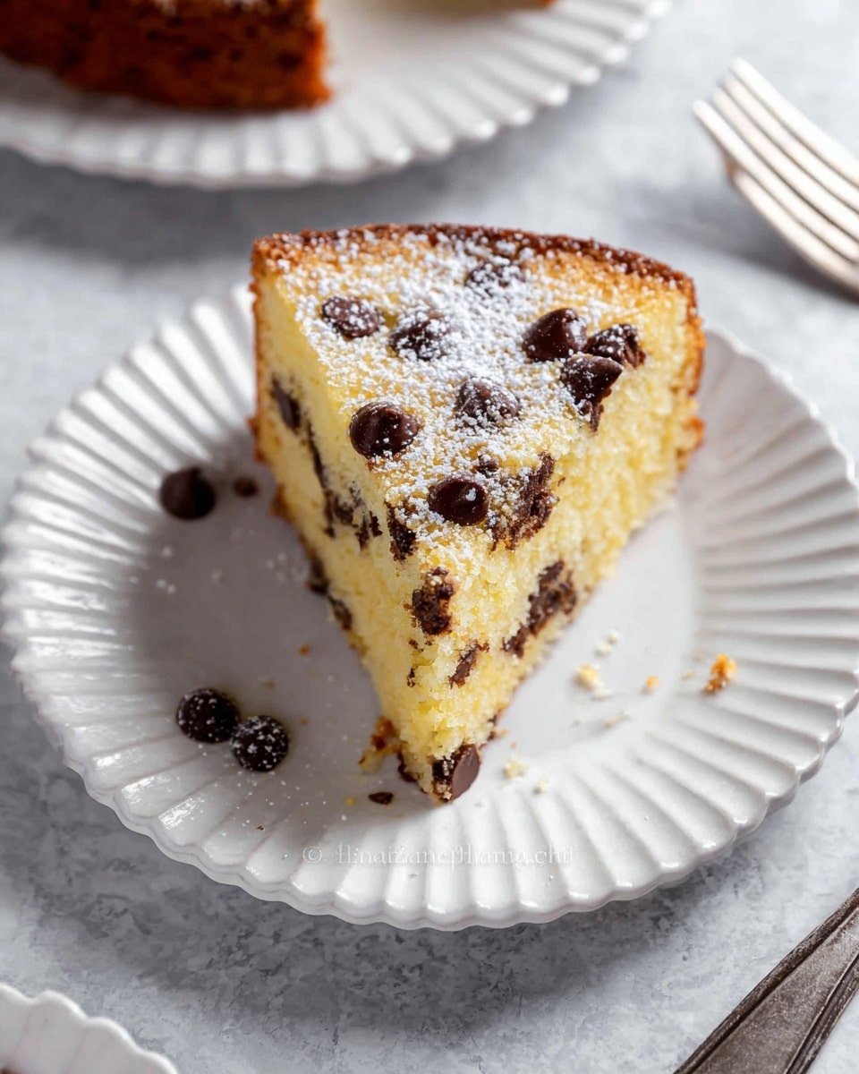 A single slice of yellow cake with scattered dark brown chocolate chips baked inside, topped with a light dusting of white powdered sugar, sits centered on a white plate with ruffled edges. The cake's thick brown crust edges frame the yellow soft texture, and the cake slice is angled to show the layers clearly, with some chocolate chips peeking near the top surface and a few resting on the plate underneath. The plate is set on a white marbled textured surface with parts of other plates and a fork visible nearby. photo taken with an iphone --ar 4:5 --v 7