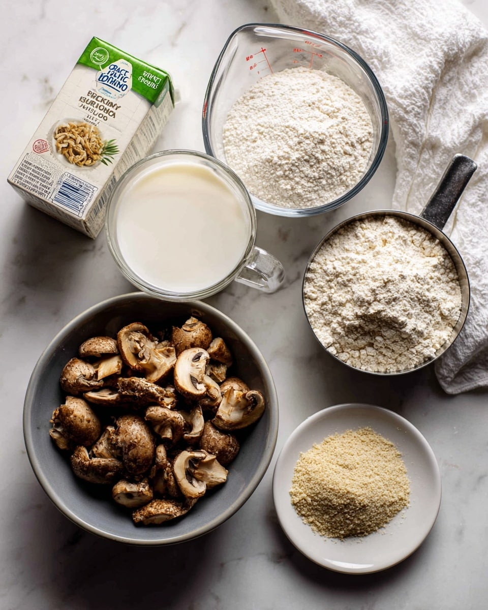 The image shows ingredients arranged on a white marbled textured surface. In the center top is a clear glass measuring cup filled with white milk. To the right of it is a metal measuring cup holding white flour. Below the milk is a small white plate holding two small piles of light beige garlic and onion powder. At the bottom center is a gray bowl filled with chopped brown mushrooms. To the left of the bowl is a carton of Pacific Foods organic chicken broth with green and beige colors. A white cloth is partly visible in the top right corner. The image is bright and clear, photo taken with an iphone --ar 4:5 --v 7