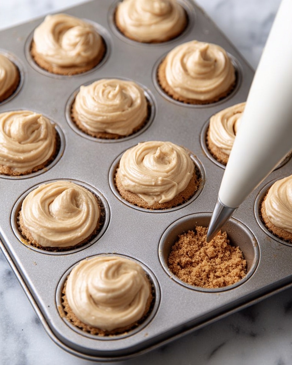 A metal muffin tray with twelve round cups filled with light tan batter swirled smoothly on top. Each cup holds one layer of light brown batter that has a creamy, soft texture with small air holes visible. In the bottom right cup, a white piping bag with a metal tip is squeezing batter over a darker brown crumbly base, making two layers in that cup. The tray is placed on a white marbled surface. Photo taken with an iphone --ar 4:5 --v 7
