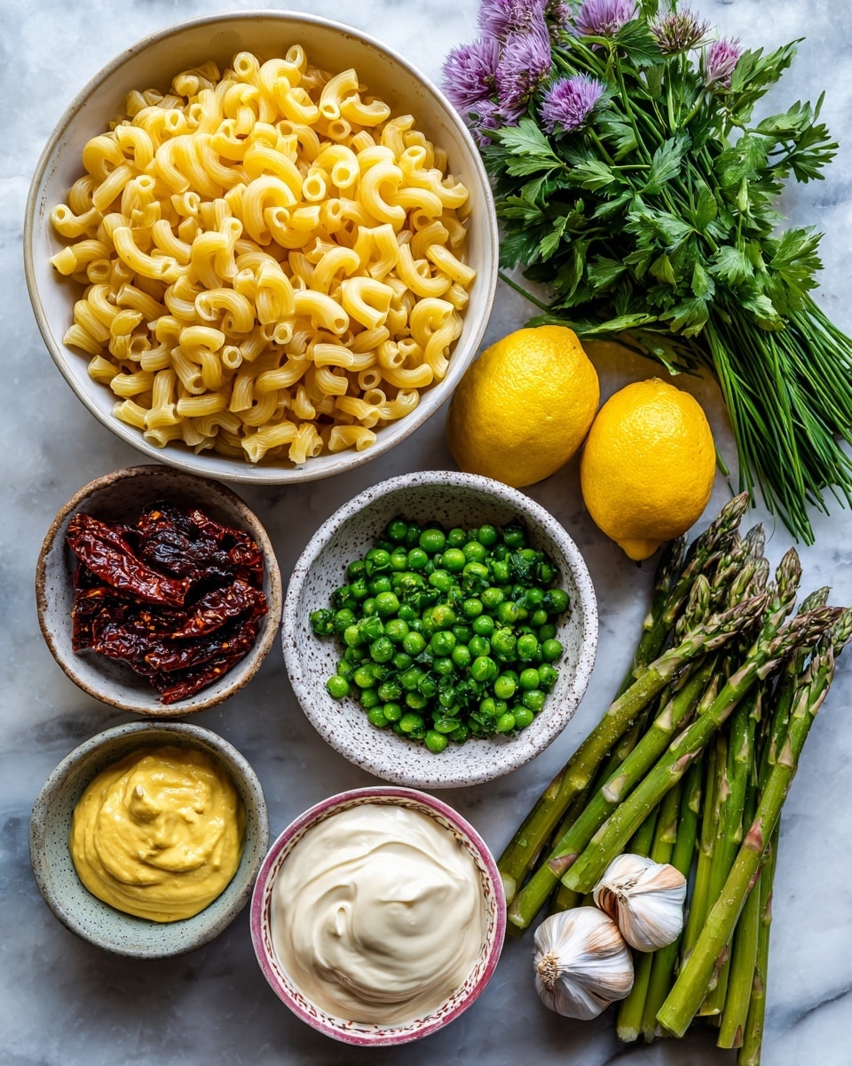 The image shows a collection of fresh ingredients arranged neatly on a white marbled surface. There is a large white bowl filled with yellow macaroni pasta on the upper left. Next to it are two bright yellow lemons, and to the right, bunches of green parsley and chives with purple flowers on some chives. In the center, a white speckled bowl holds bright green sweet peas. Below that, a light gray bowl contains dark red sun dried tomatoes, and a small greenish bowl with smooth yellow dijon mustard sits nearby. A white bowl with pink trim full of creamy white mayonnaise is near the bottom right. Close by, a small dish with two garlic cloves rests beside the mayo. Finally, on the far right, a group of fresh green asparagus stalks with purple tips lay side by side. Photo taken with an iphone --ar 4:5 --v 7