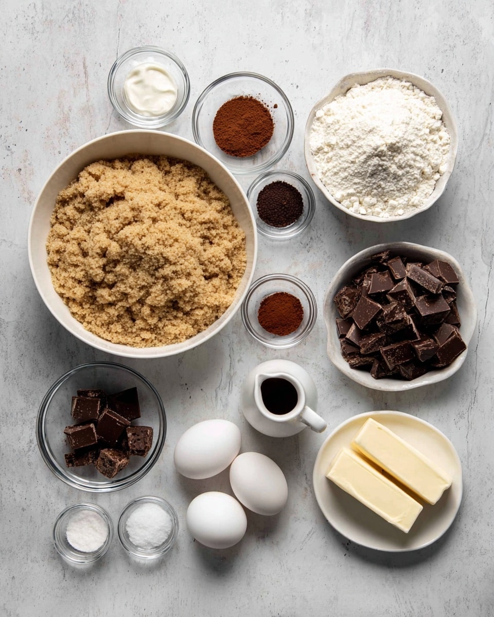 Multiple white bowls and small glass dishes with baking ingredients are arranged on a white marbled surface. There is one large bowl filled with light brown sugar with a crumbly texture at the bottom center, a large bowl of white flour to the top right, a smaller bowl of dark brown chocolate chunks near the top center, and a white cup with dark chocolate chips to the right. Two sticks of butter lie horizontally next to the bowl of flour. Two white eggs are placed near the center between the chocolate chunks and the flour. Small glass dishes contain cocoa powder, vanilla extract, and coffee powder to the left, while a small plate has white baking powder and salt above the eggs. A tiny glass bowl with white salt is near the top left. photo taken with an iphone --ar 4:5 --v 7