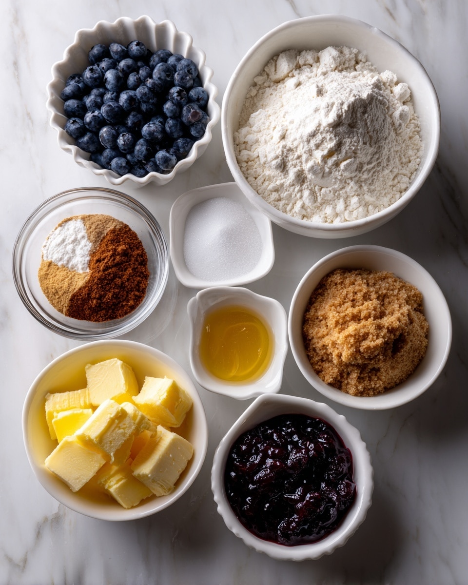 The image shows seven white bowls each with different baking ingredients arranged on a white marbled surface. At the top left, a scalloped bowl holds dark blue blueberries. To the right, a white bowl contains a mix of white flour, baking soda, baking powder, cornstarch, and salt. Below that, a small white dish holds granulated sugar. To the left of it, a clear glass bowl shows a mix of cinnamon, white sugar, and other spices. Below the spices, a white bowl contains brown sugar. Next to that, another white bowl has dark purple blueberry jam. On the bottom left, a white bowl is filled with cubed yellow butter. Near the top left, a white dish holds a golden-yellow mix of egg and vanilla extract. All ingredients are clearly visible, neatly arranged on the white marbled surface. photo taken with an iphone --ar 4:5 --v 7