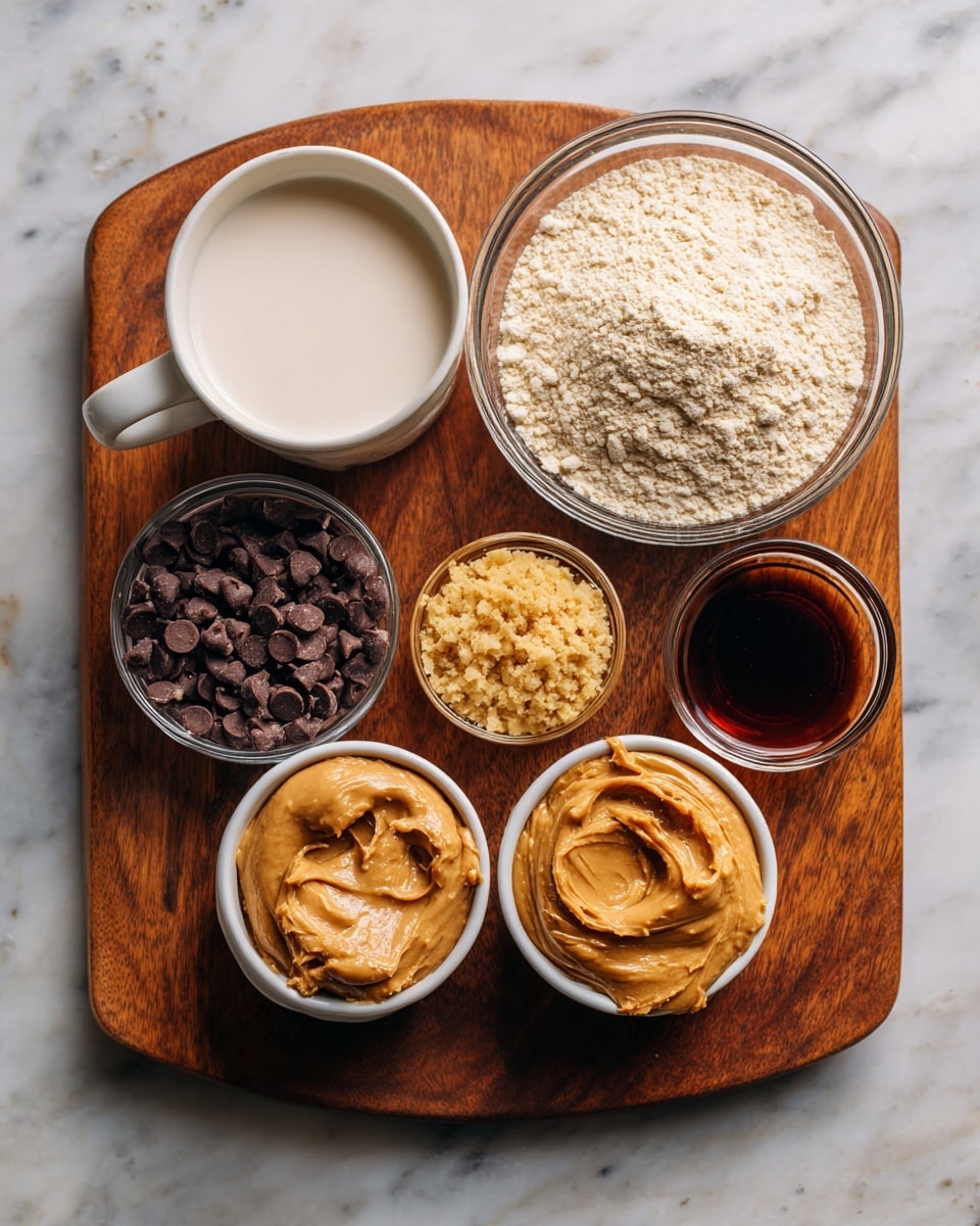 The image shows a brown wooden cutting board with seven small bowls and measuring cups arranged neatly on it. There is a white cup filled with milk at the top left, a round glass bowl full of light beige protein powder at the top right, a small glass container with dark vanilla extract below the milk, a glass bowl filled with small dark chocolate chips below the vanilla, a white measuring cup with pale almond flour to the right of the chocolate chips, a round glass bowl holding amber maple syrup below the almond flour, and a white round bowl with creamy light brown peanut butter at the bottom left. The board is placed on a white marbled texture background. photo taken with an iphone --ar 4:5 --v 7
