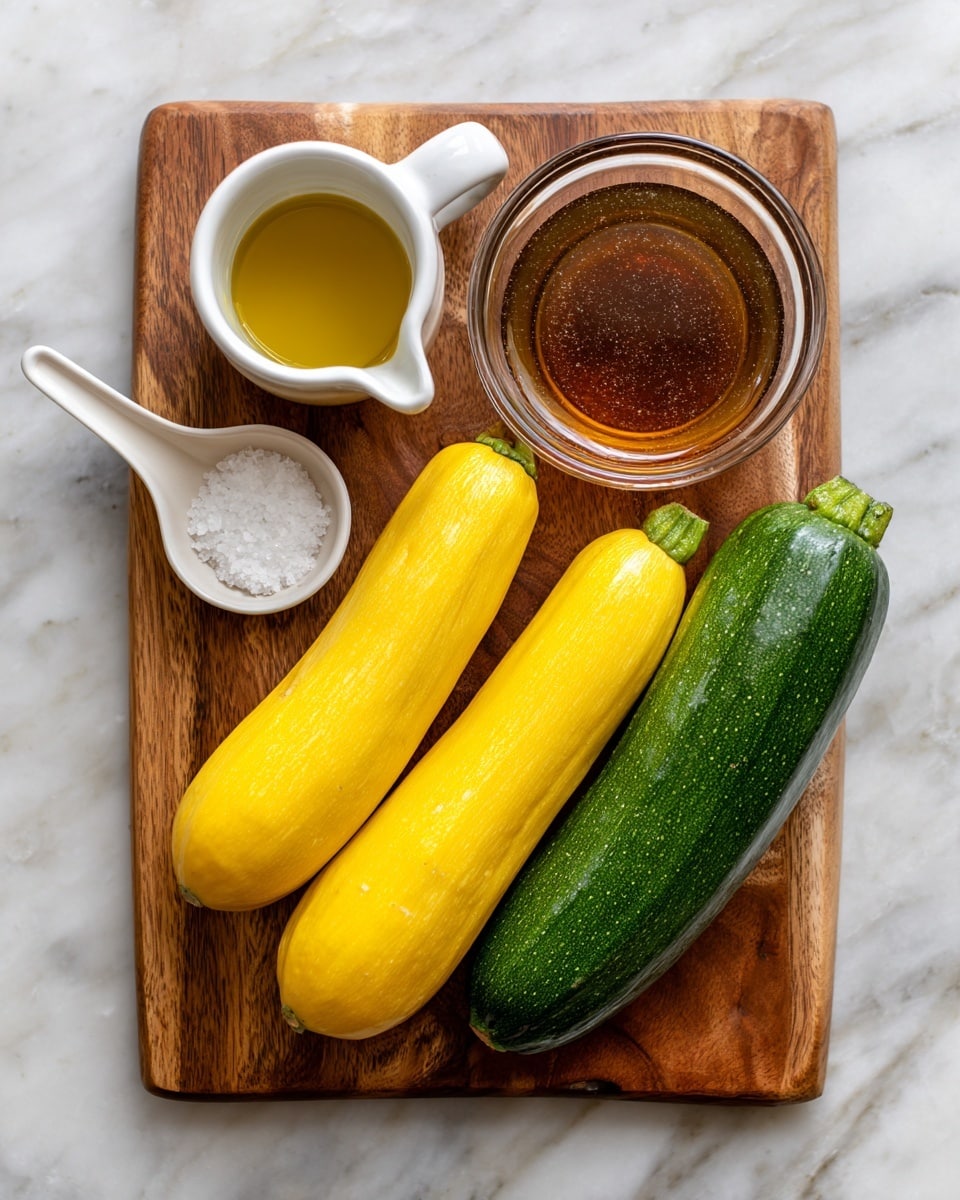 The image shows a wooden cutting board on a white marbled surface. On the board, there are four main items: a small white cup with golden olive oil in the top left, a white spoon with white salt in the top right, a clear glass bowl filled with light brown apple cider vinegar near the center, and two whole squash placed diagonally at the bottom—a smooth green zucchini on the right and a smooth yellow squash on the left. Simple black text labels each ingredient near them. photo taken with an iphone --ar 4:5 --v 7