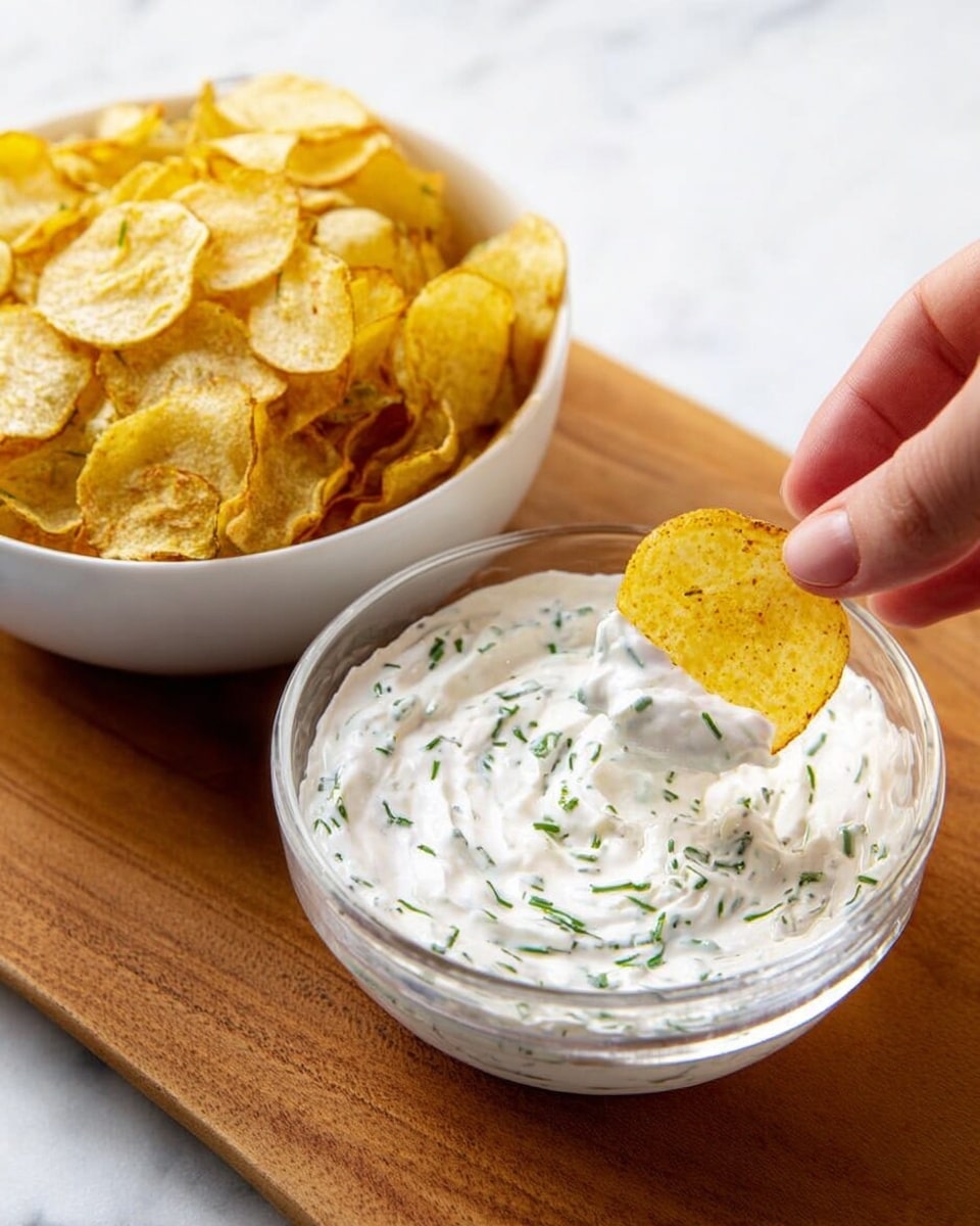 A close-up shows a clear glass bowl filled with white creamy dip mixed with green herb bits, likely chives or parsley. A woman’s hand holds a round, light yellow vegetable chip dipped into the sauce. To the left, a white bowl is filled with more thinly sliced, crispy yellow vegetable chips that have a slightly wrinkled texture. Both bowls sit on a wooden board, which contrasts with the white marbled surface underneath. The scene is bright and clean, focusing on the simple snack and dip combo. photo taken with an iphone --ar 4:5 --v 7
