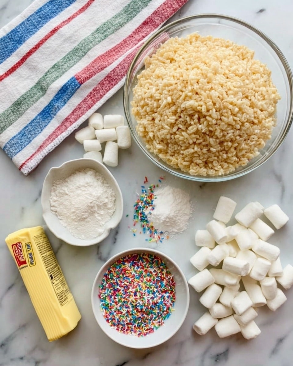 The image shows ingredients for making Rice Krispies treats arranged on a white marbled surface. There is a clear glass bowl filled with light golden puffed rice cereal at the top right. To the left, small white marshmallows are scattered. Below them, colorful candy sprinkles are spread in a small pile next to a small white bowl filled with white powdered sugar. A stick of yellow butter in its wrapper sits to the right of the bowl. A yellow tube of vanilla extract is near the bottom left corner. A woman's hand is not visible in the scene. A folded kitchen towel with red, blue, and green lines lies in the top left corner. Photo taken with an iphone --ar 4:5 --v 7