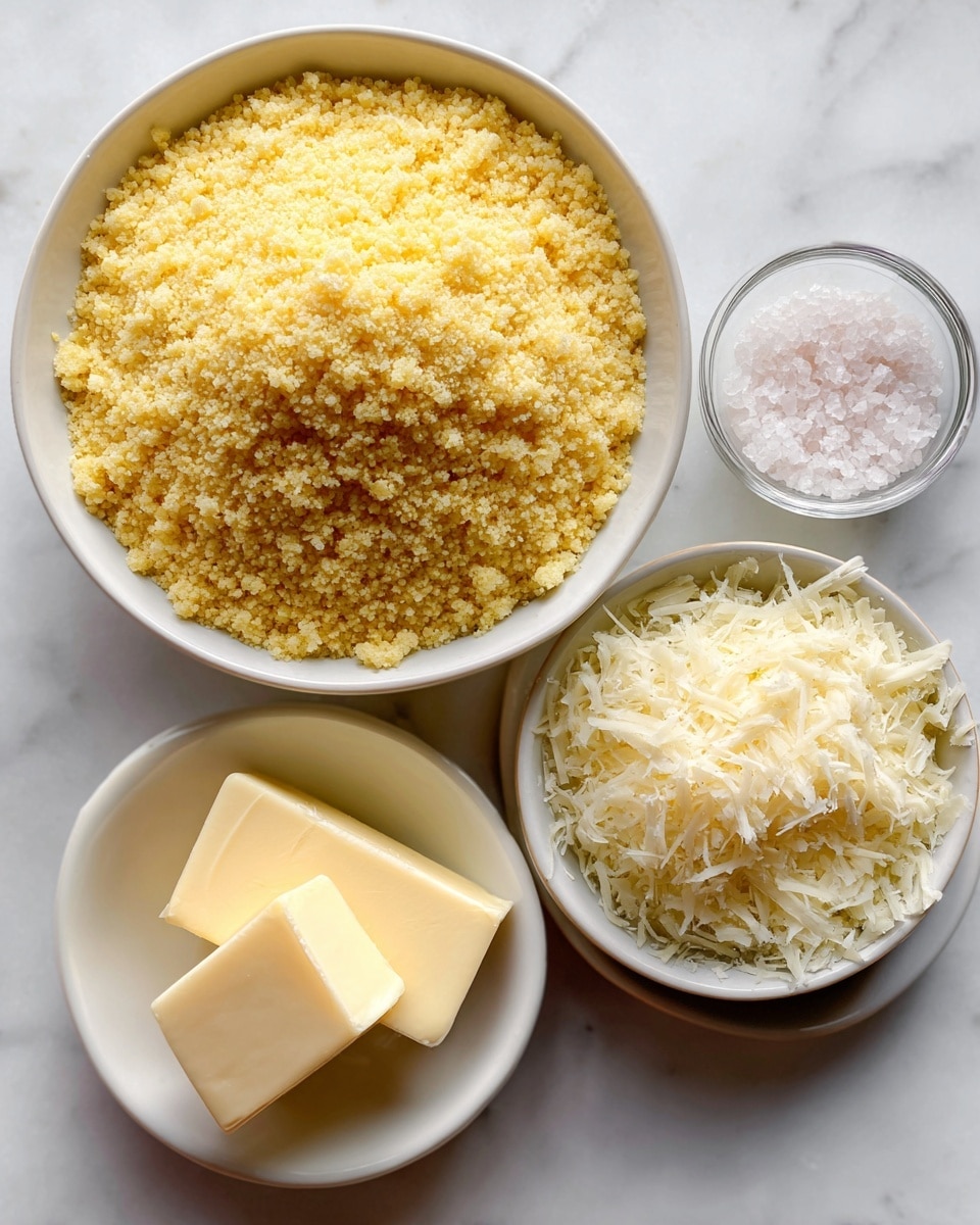 The image shows four small white bowls placed on a white marbled surface, each holding different cooking ingredients. The largest bowl near the center contains bright yellow cornmeal polenta with a grainy texture. To its upper right, there is a medium-sized bowl filled with finely grated pale yellow parmigiano reggiano cheese, having a fluffy texture. Below and to the left of the polenta bowl, a smaller bowl holds a solid, light yellow square of unsalted butter with a smooth surface. Lastly, below the butter, there is a clear glass bowl with white flaky sea salt, showing small, coarse salt crystals. photo taken with an iphone --ar 4:5 --v 7