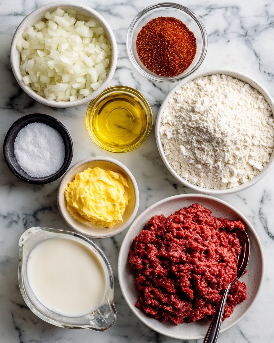 The image shows several bowls and a measuring cup arranged on a white marbled surface. On the top right, there is a small white bowl with oil, golden yellow in color and smooth in texture. Next to it is a small clear glass bowl filled with white salt. Above the salt, a small clear glass bowl holds deep red taco seasoning powder with a fine texture. Towards the left, a small black bowl contains white baking powder with a powdery texture. Below, a small white bowl holds bright yellow melted butter with a smooth surface. To the left of the butter, a clear measuring cup has white milk, smooth and creamy. On the left side, a white bowl contains chopped white onion pieces with a crisp texture. On the bottom right, a medium white bowl is filled with deep red, finely ground beef. The largest white bowl on the right is filled with white all purpose flour with a powdery texture and a spoon resting inside. The whole arrangement is set on a white marbled surface. Photo taken with an iphone --ar 4:5 --v 7