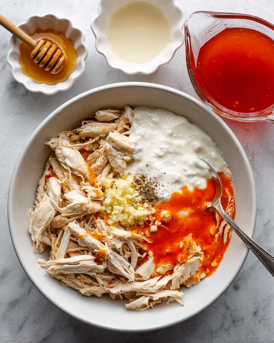 A white bowl contains shredded light tan chicken pieces arranged on the left and top right, with bright orange hot sauce drizzled in the center bottom. On top of the sauce near the bottom left is a small mound of minced light yellow garlic. Above the garlic is a sprinkle of black pepper, and to the right of the chicken is a layer of thick white creamy dressing partially covering some chicken pieces. A silver spoon is resting inside the bowl on the right side. Surrounding the bowl on a white marble surface are three small containers: one with golden honey and a honey dipper inside on the left, a white scalloped bowl with a pale creamy liquid at the top, and a clear glass measuring cup filled with bright red sauce on the right. Photo taken with an iphone --ar 4:5 --v 7