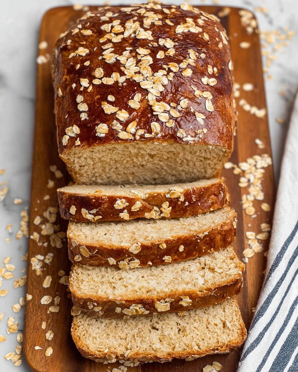 A loaf of golden brown bread topped with scattered oat flakes sits on a wooden board with loose oats around it. The bread is cut into six thick slices, showing a soft, light beige inside with a slightly rough texture. The top crust is a deep brown with a shiny finish and uneven oat flakes spread all over. Part of a white cloth with blue stripes is visible on the right edge on a white marbled surface. photo taken with an iphone --ar 4:5 --v 7