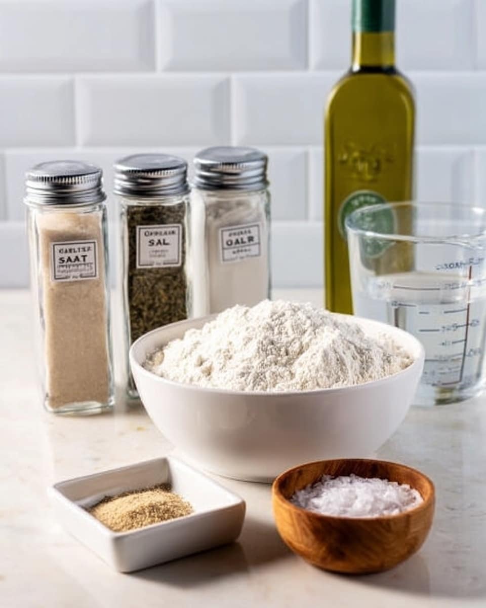 The image shows a white bowl filled with white flour in the center on a white marbled surface. Around the bowl, there are clear glass containers with metal lids holding sea salt, oregano, and basil, each with labels. In front of the flour bowl, there's a small white square dish holding light brown powder, and a small wooden bowl filled with coarse salt. To the back side, a clear measuring cup with water is visible, and behind all the items, there is a green bottle labeled olive oil. The setting is clean and well-organized with a white tiled wall in the background. Photo taken with an iphone --ar 4:5 --v 7