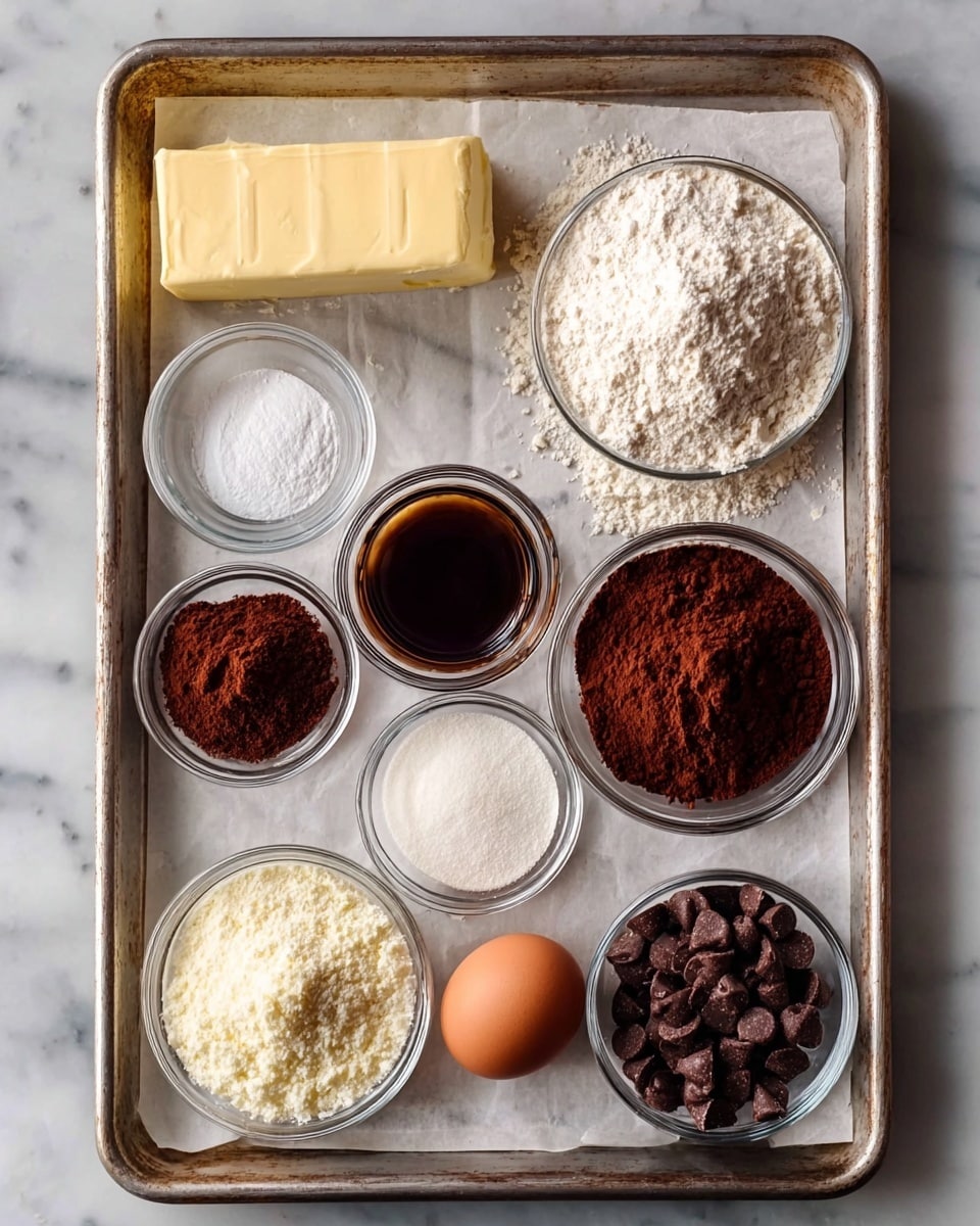A metal baking sheet holds nine small clear glass bowls and one small metal bowl with different ingredients arranged neatly on white parchment paper. On the top left is a stick of unsalted butter, beside it a bowl of white flour and to the right a bowl of dark brown cocoa powder. Below the butter are three small glass bowls with white powders, including one with baking powder, one with cornstarch, and one with salt. In the middle is a metal bowl with dark vanilla extract. Below that is a bowl of dark brown cocoa powder and next to it a larger bowl full of white granulated sugar. At the bottom right is a bowl of small dark chocolate chips next to a single brown egg, all placed on a white marbled surface photo taken with an iphone --ar 4:5 --v 7