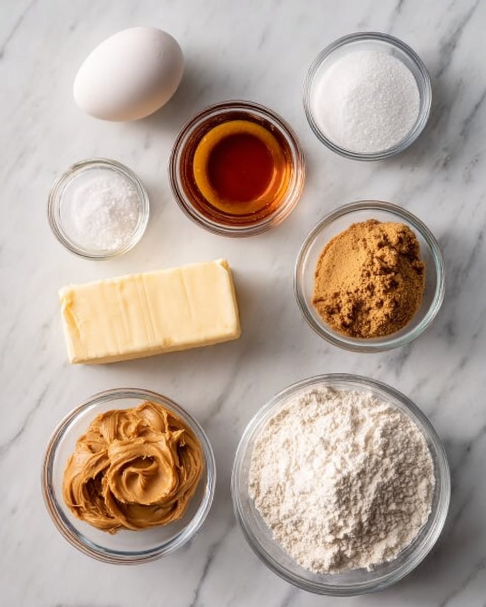 The image shows various baking ingredients arranged neatly on a white marbled surface. There is a single white egg at the top left, next to a small glass bowl of amber-colored vanilla extract. Beside it is a small white bowl filled with white salt, and below that is a slightly larger clear glass jar with white sugar. To the right, there is another clear glass bowl filled with granulated white sugar. In the center-left, a stick of light yellow butter lies horizontally above two glass bowls: one with creamy, light brown peanut butter and another with light brown packed brown sugar. At the bottom right, a clear glass bowl is filled with white flour, completing the ingredient layout. The photo taken with an iphone --ar 4:5 --v 7