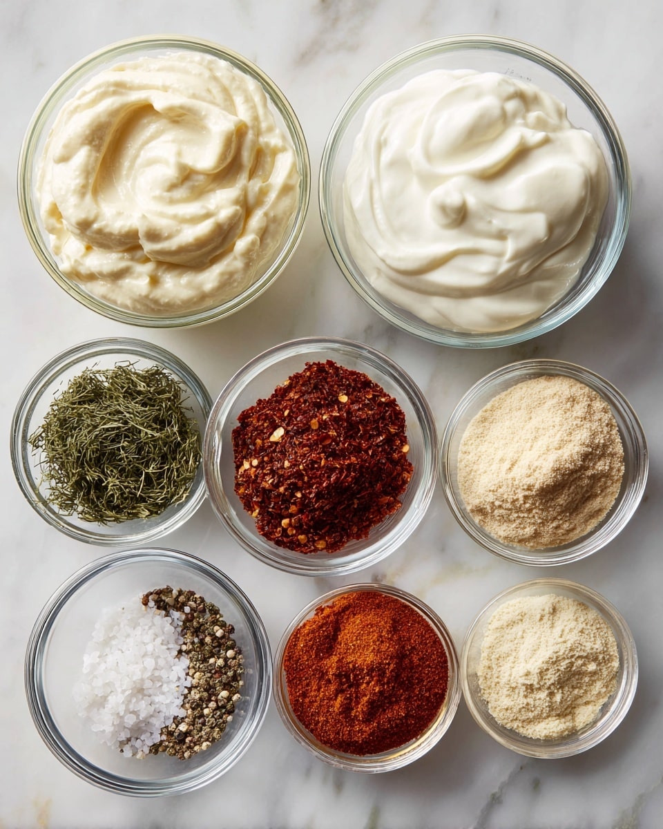 The image shows nine clear glass bowls arranged on a white marbled surface. The top row has three bowls: the left one filled with creamy white mayonnaise, the middle one with smooth white sour cream, and the right one with pure white buttermilk. The second row has four bowls: on the left, a bowl with dark green dried dill, next to it a bowl with medium green dried parsley, then a bowl with deep reddish-brown smoked paprika, and on the right a bowl with light beige onion powder. The bottom row has two small bowls: the left bowl contains coarse white salt mixed with black pepper, and the right bowl holds bright red cayenne pepper powder. All bowls are evenly spaced with clear labels above or beside each, the whole scene viewed from above. photo taken with an iphone --ar 4:5 --v 7