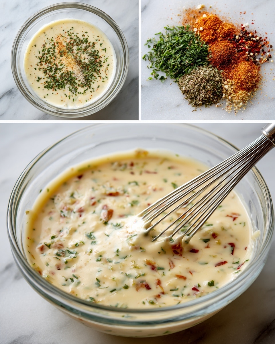 The image shows three steps in making a creamy sauce in a clear glass bowl placed on a white marbled surface. In the first part, the bowl contains a white base liquid with several colorful spices sprinkled on top, including green, black, orange, red, and brown powders, all scattered in separate small piles. The second part shows the same bowl with the ingredients mixed into a smooth light beige sauce with visible tiny herb pieces, and a silver whisk resting inside the bowl. The third part is a close-up of the creamy sauce with a spoon inside it, highlighting the sauce's thick texture and specks of red and green herbs dotted throughout. Photo taken with an iphone --ar 4:5 --v 7