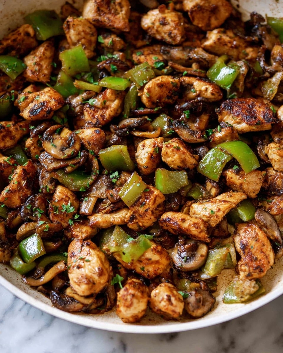 The image shows a close-up of cooked chicken pieces with mushrooms and green bell peppers in a white pan. The chicken pieces are golden brown and have a slightly crispy texture, mixed evenly with soft, cooked mushrooms that are dark brown with a shiny surface. The green bell peppers are bright green and diced, scattered well throughout the chicken and mushrooms. Small bits of herbs are sprinkled on top, adding a touch of green color. The pan is placed on a white marbled surface, and the focus is on the colorful, mixed ingredients. Photo taken with an iphone --ar 4:5 --v 7