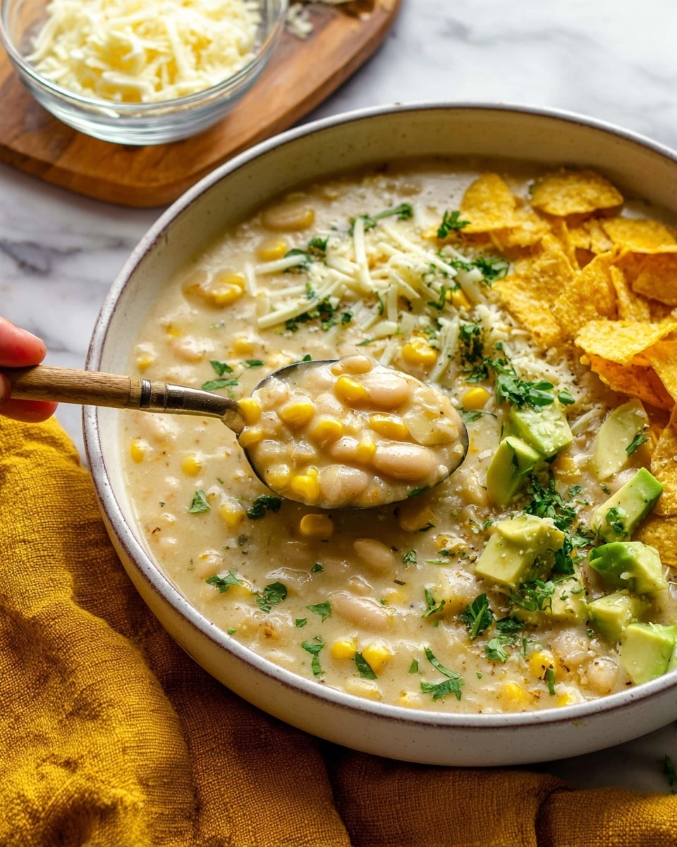 A bowl of thick creamy white bean soup with visible whole beans and small pieces of corn, topped with small green avocado cubes, shredded white cheese, chopped fresh green herbs, and crunchy yellow corn chips on one side. A spoon with a wooden handle is scooping some soup, held by a woman's hand. The bowl is white and placed on a white marbled surface with a yellow cloth nearby. In the background, a small clear bowl of shredded white cheese sits on a wooden board. Photo taken with an iphone --ar 4:5 --v 7
