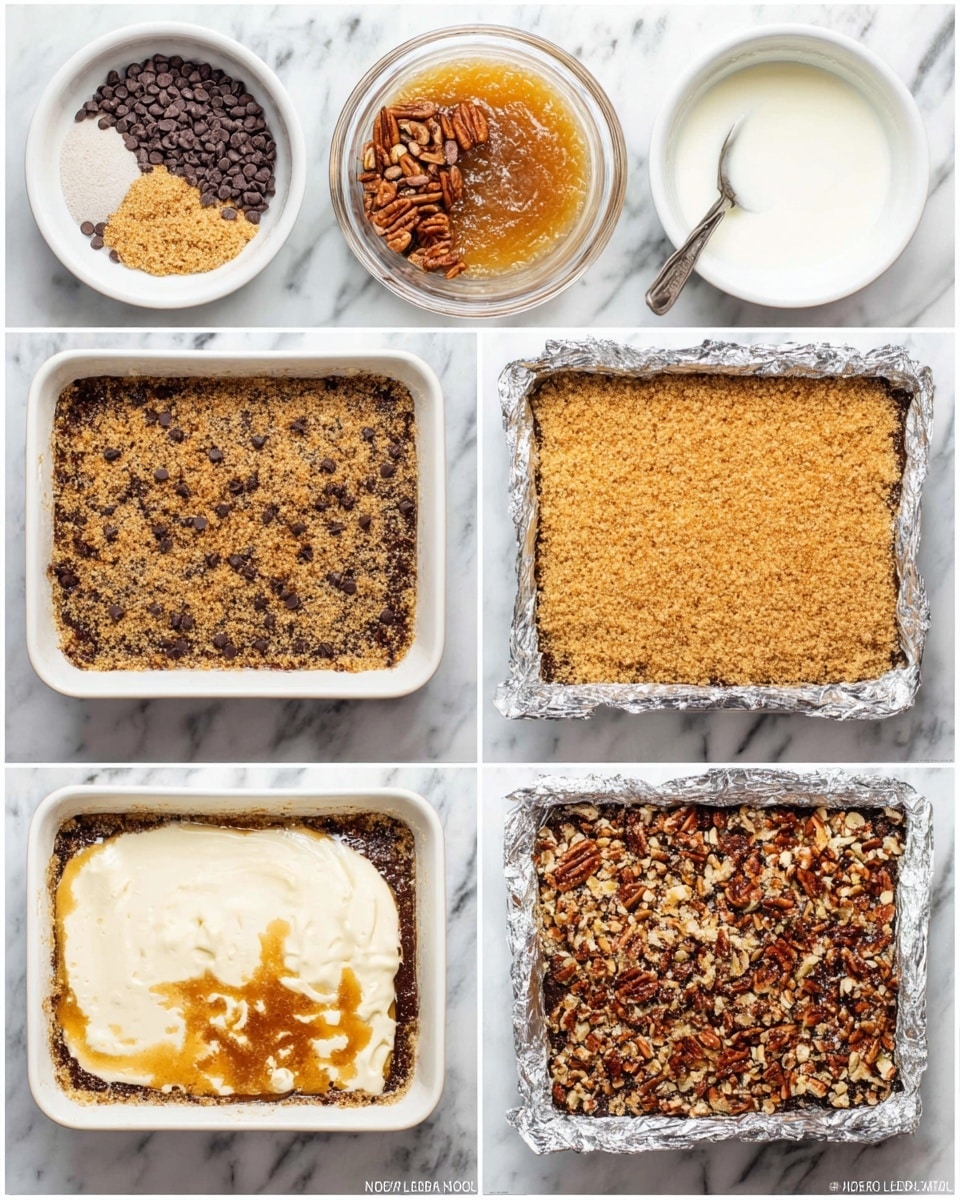 The image shows six steps of making a layered dessert on a white marbled surface. The first layer shows six small white bowls with ingredients: crushed graham crackers, sweetened condensed milk, pecans, shredded coconut, mini chocolate chips, and another cream-like ingredient. The second layer shows a glass bowl with melted butter, sugar, and graham cracker crumbs mixed together. The third layer shows a square pan lined with foil filled with an even golden brown crumb layer. The fourth layer adds a spread of mini chocolate chips and chopped pecans on top of the crumbs. The fifth layer has a creamy white sweetened condensed milk layer poured over the chocolate chips and nuts, covering them almost fully. The last layer shows the finished dessert after baking, with a golden brown top covered with melted chocolate chips and nuts, all inside the foil-lined square pan. Photo taken with an iphone --ar 4:5 --v 7