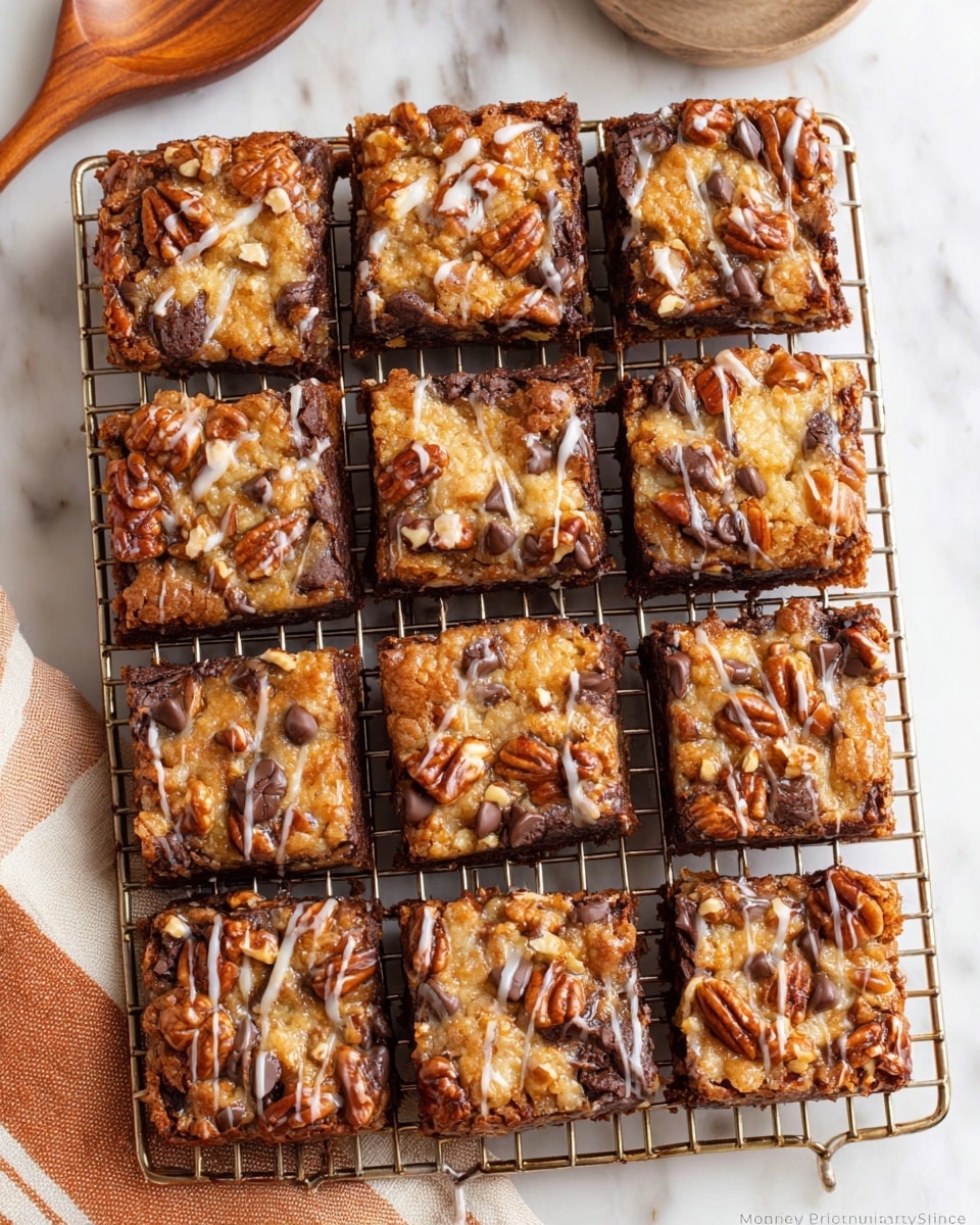 The image shows a white metal cooling rack holding 16 square dessert bars arranged in four rows and four columns. Each bar has a rich dark brown base layer topped with a golden-brown baked layer mixed with melted chocolate chips and chunks of nuts, creating a textured surface with a glossy finish. Some bars have a light drizzle of white glaze adding contrast to the chocolate and golden toppings. The cooling rack sits on a white marbled surface, with a beige and orange striped cloth partially visible on the bottom left corner and a wooden spoon handle on the top left. Photo taken with an iphone --ar 4:5 --v 7
