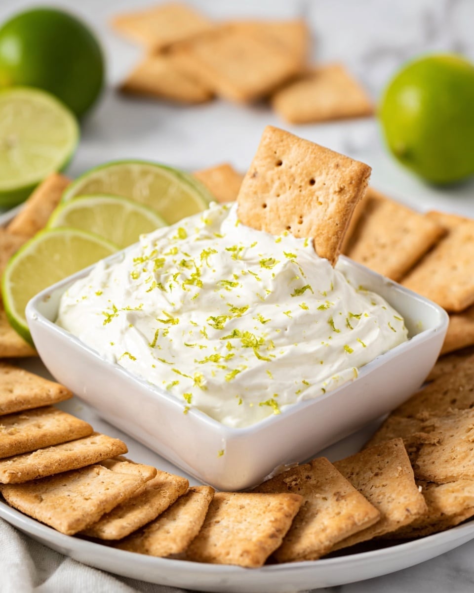 A white square bowl filled with thick, creamy white dip sprinkled with small green lime zest pieces fills the center of a white plate. Two tan rectangular crackers are placed upright, partially dipped into the creamy layer. Around the plate edge, there are many more similar rectangular crackers, arranged loosely. Behind the bowl, three lime wedges rest against the dip, with one lime fruit placed further back. The whole scene sits on a white marbled surface with soft lighting and out-of-focus crackers and lime pieces in the background. Photo taken with an iphone --ar 4:5 --v 7